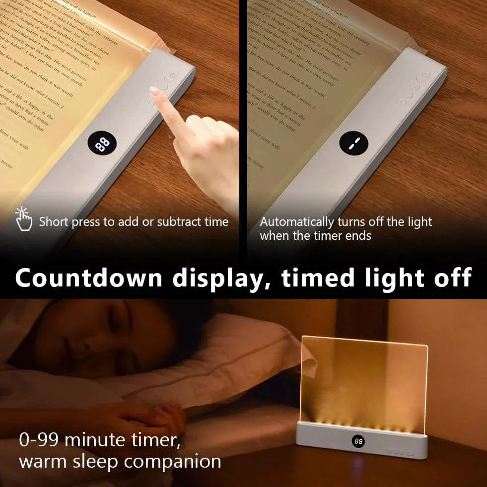 Luz Plana para Libros LED Recargable, 3 Colores Protección Ocular Ajustable, Blanco