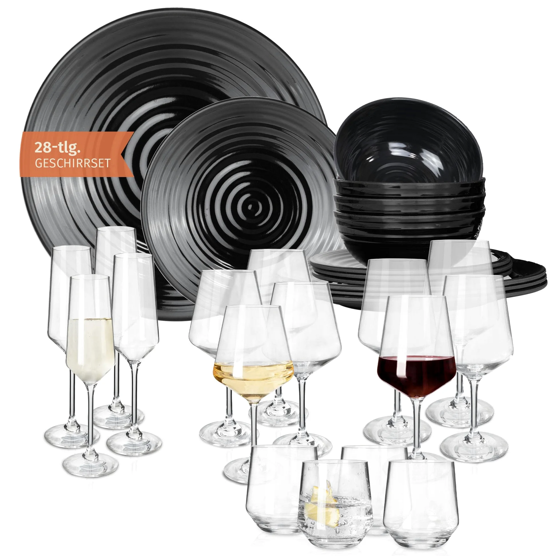 Vajilla de melamina para camping, 4 personas, color negro oscuro + 16 vasos Milano, copas de vino, copas de champán, vajilla de pícnic, barbacoa