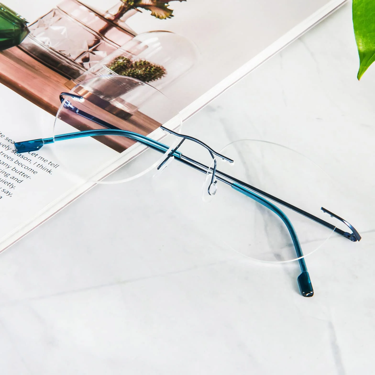 MMOWW Circular Gafas de lectura sin Marco Aleación Titanio Ultraligeras para Computadora +2.0 Azul