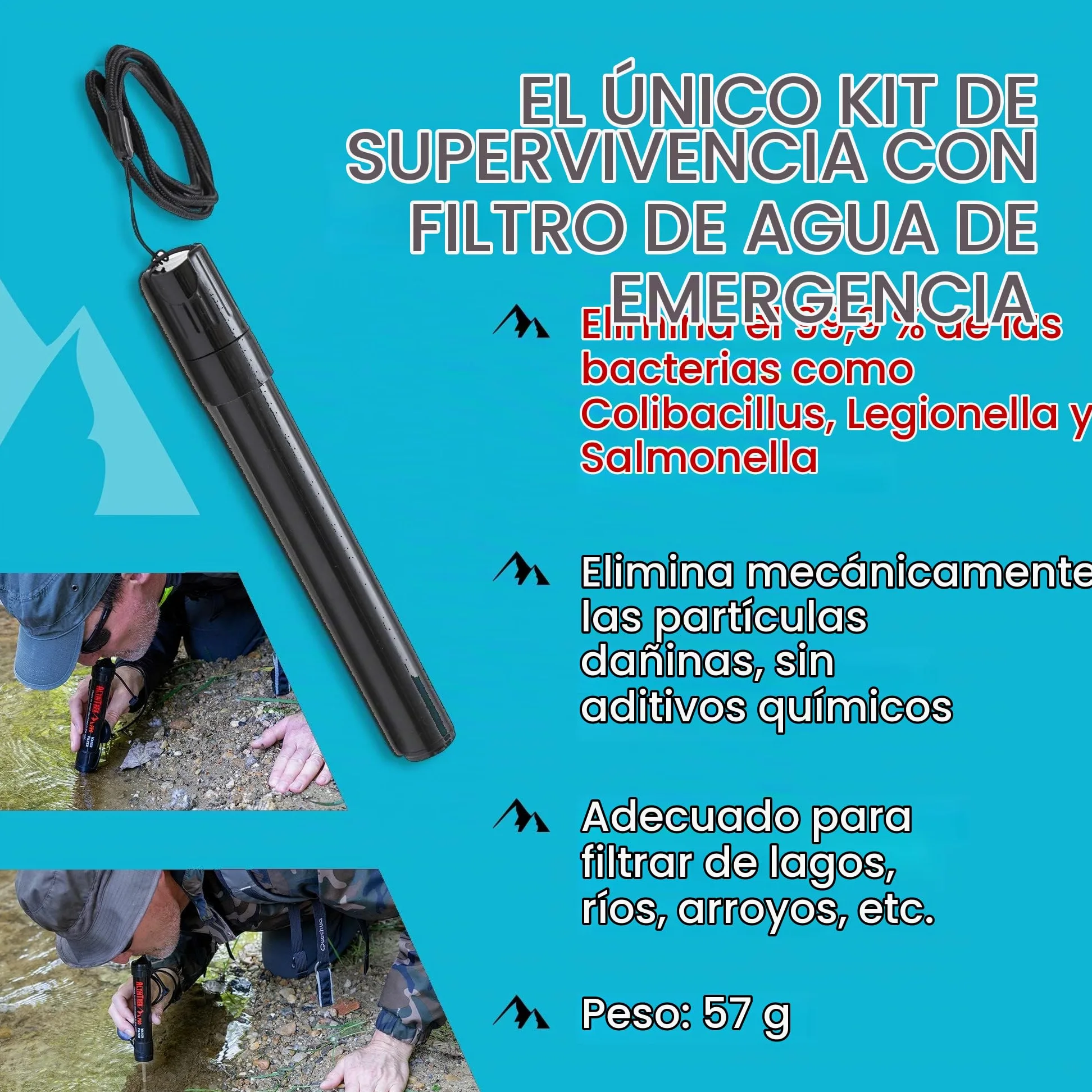 Kit de Supervivencia con Cuchillo, Manta Térmica, Flintlock, Bolígrafo de Defensa Personal, Hacha Multifunción | para Camping, Rescate | El único con Filtro de Agua de Emergencia