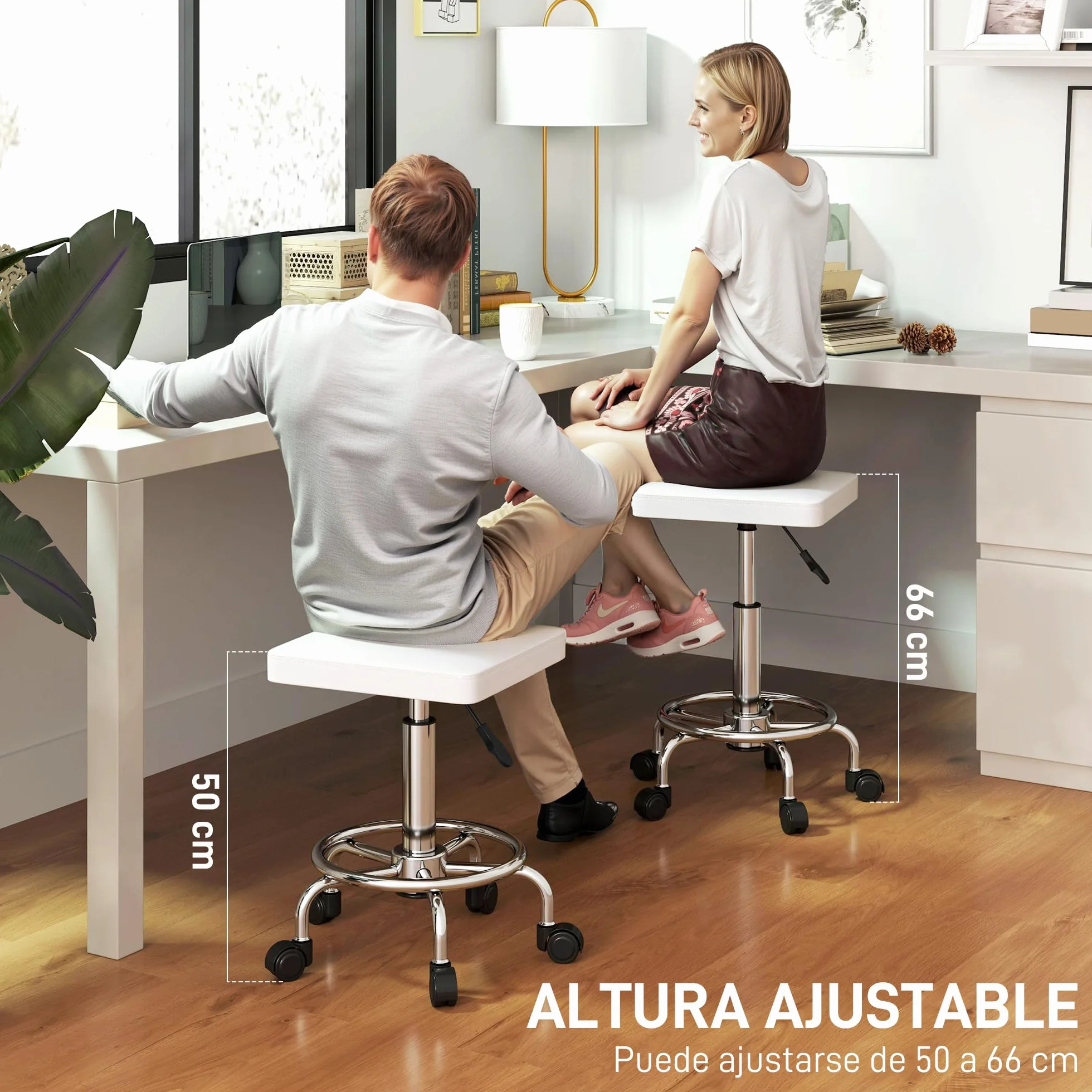 HOMCOM Taburete Giratorio con Ruedas Altura Regulable 50-66 cm Asiento Tapizado Cuero Sintético Blanco