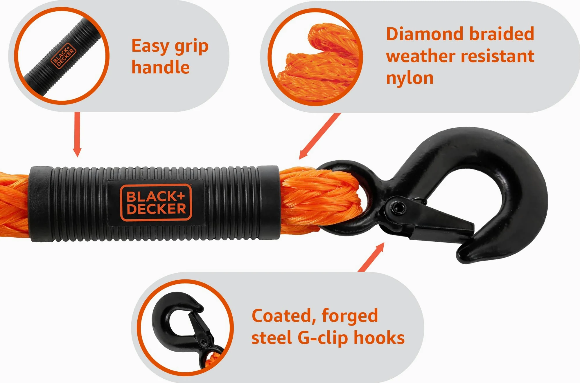 BLACK+DECKER BDX1017 - Kit de amarre de 17 piezas con cuerda de remolque de 14 pies, correas de hebilla de leva de lujo de 1 pulgada x 10 pies y cuerdas elásticas de correa plana de 24 y 36 pulgadas