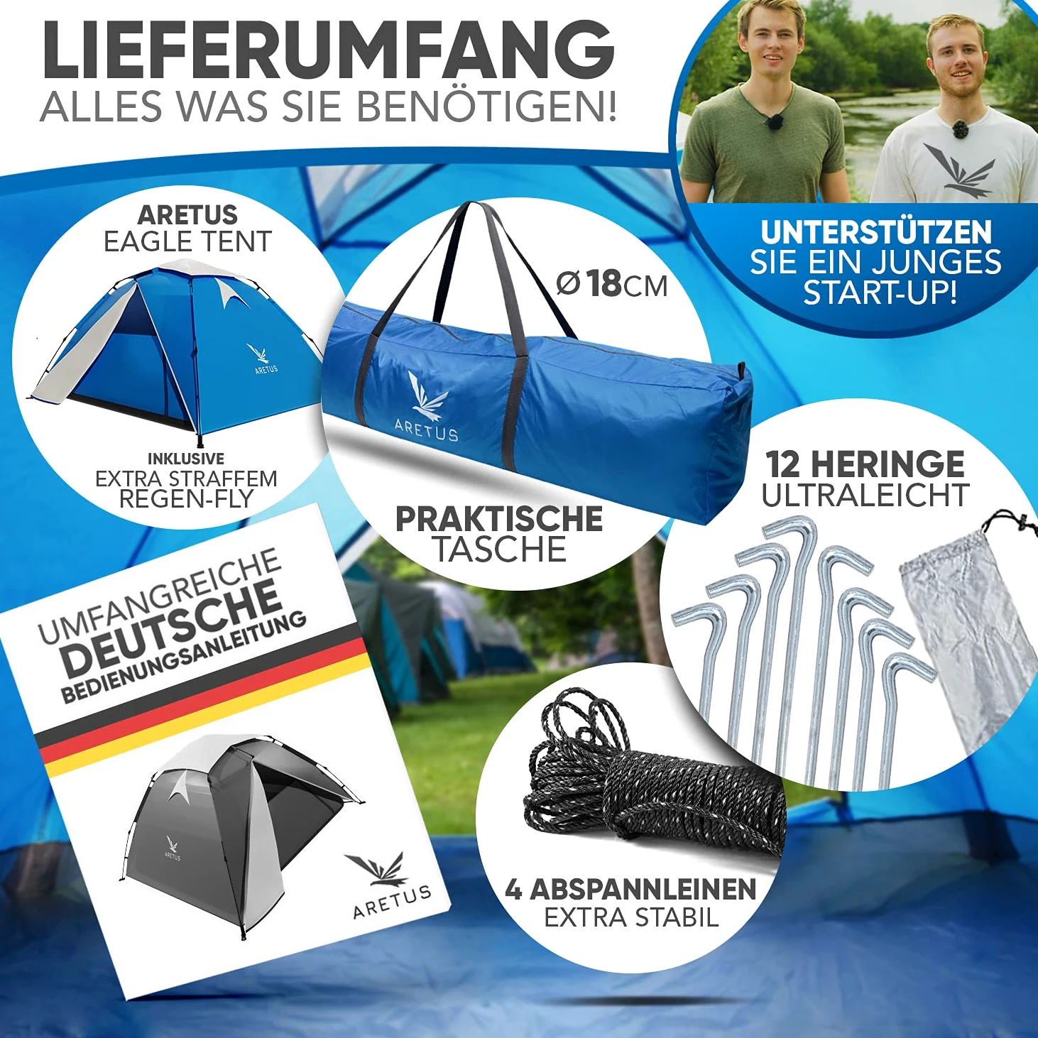 Aretus Tienda de campaña para lanzar – extra impermeable y estable, rápido de montar y desmontar en 45 segundos | Tienda de campaña para 2 personas, impermeable, para 3 personas, tienda de campaña