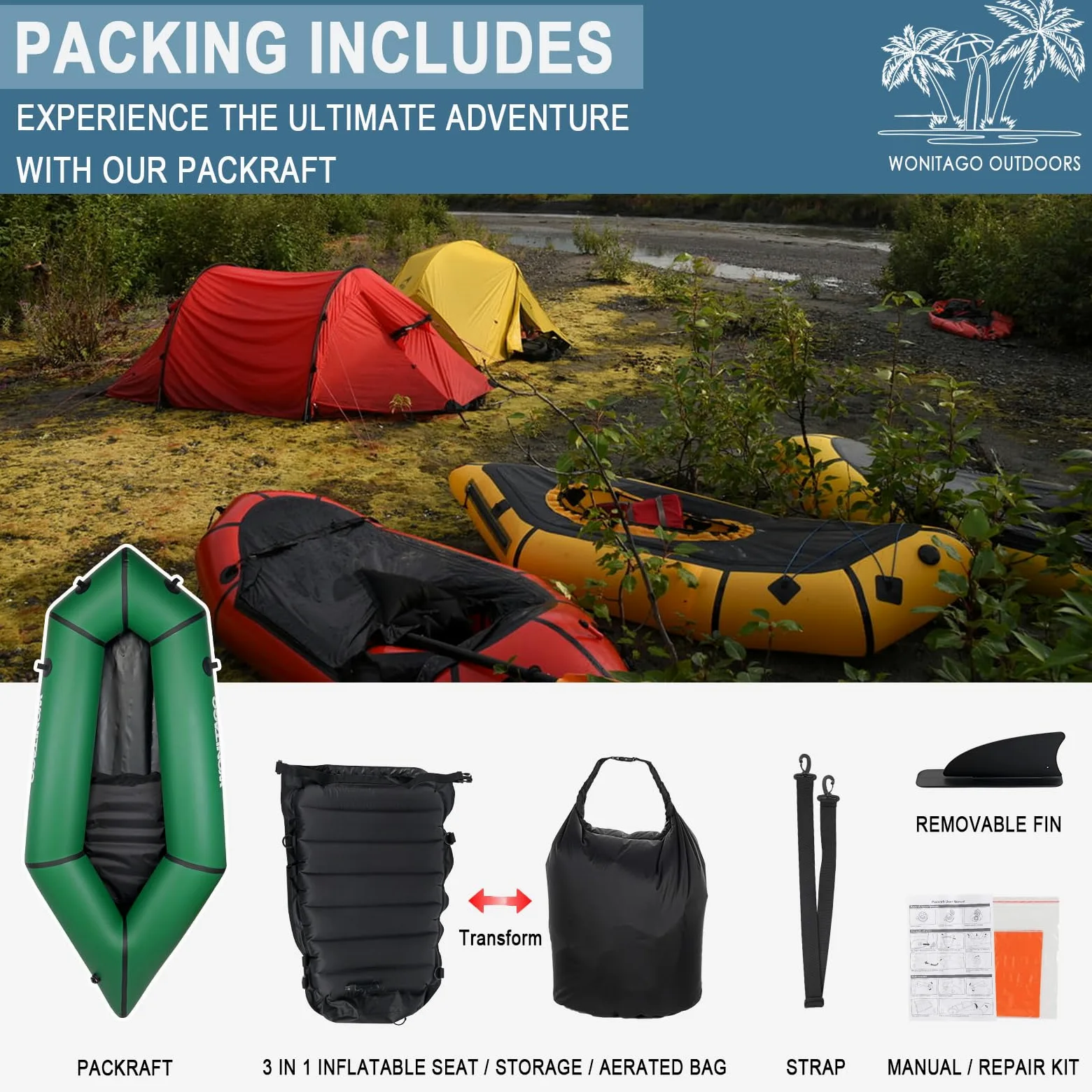 Packraft Kayak de Viaje Inflable de TPU con Asiento Suave Ligero para Rafting de Aguas Poco Profundas, para Rafting de Bicicleta, Bote Inflable, 2,1 m, Color Verde | Asiento inflable, adecuado para rafting de agua plana, bicicleta, bote de agua litewater,