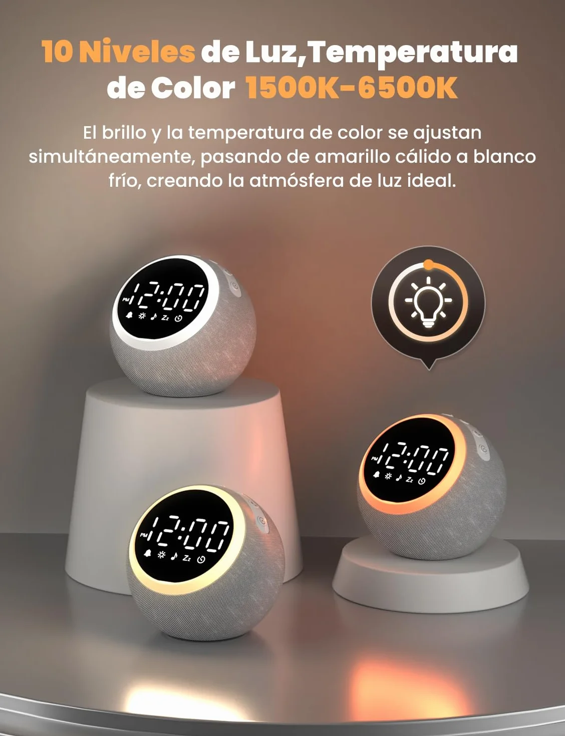 LIORQUE Despertador Luz con Ruido Blanco, 25 Sonidos Calmantes, Volumen Ajustable, Luz Nocturna, Temporizador