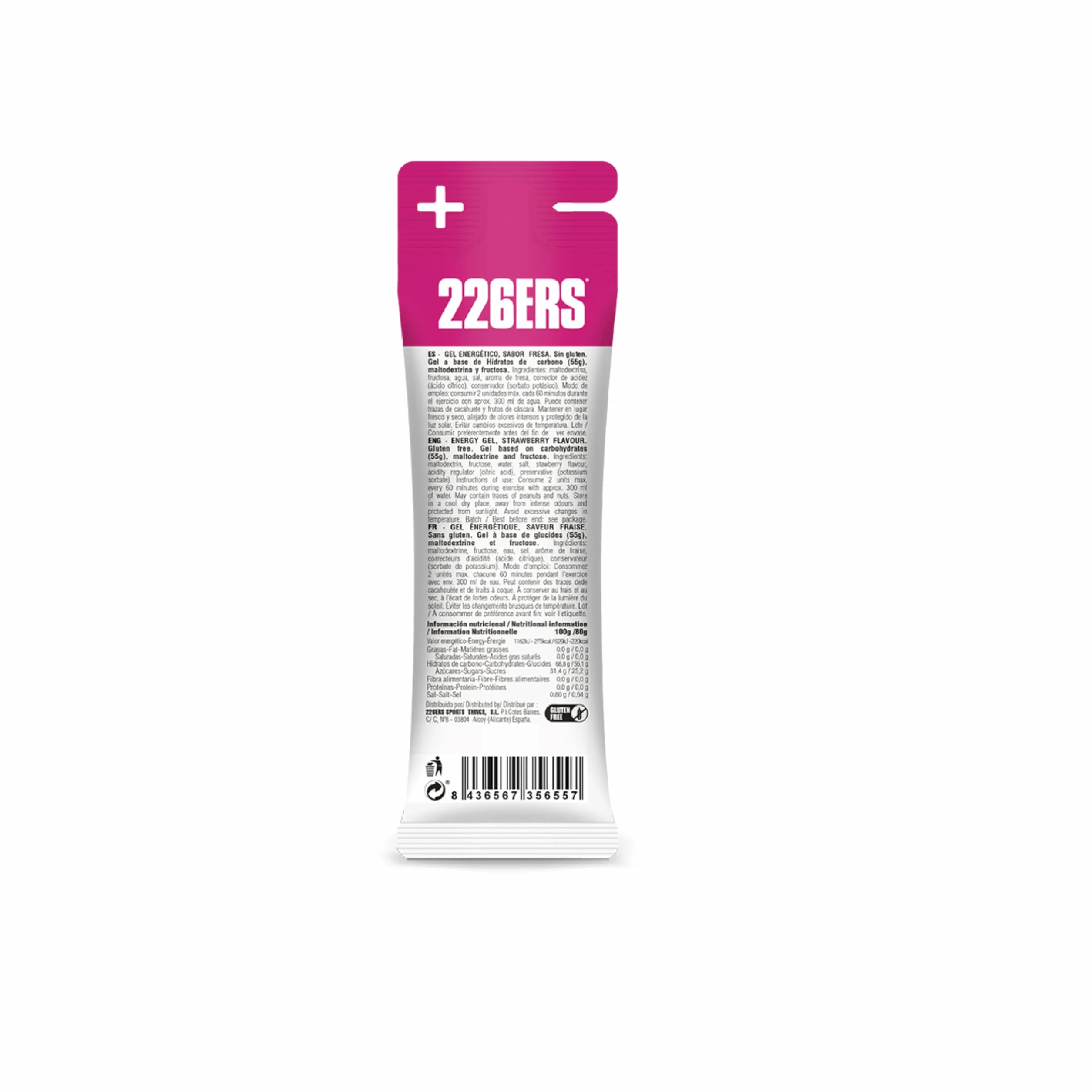 226ERS Gel Energético Fresa 80g, Alto Contenido Fructosa, Maltodextrina, Vegano Sin Gluten