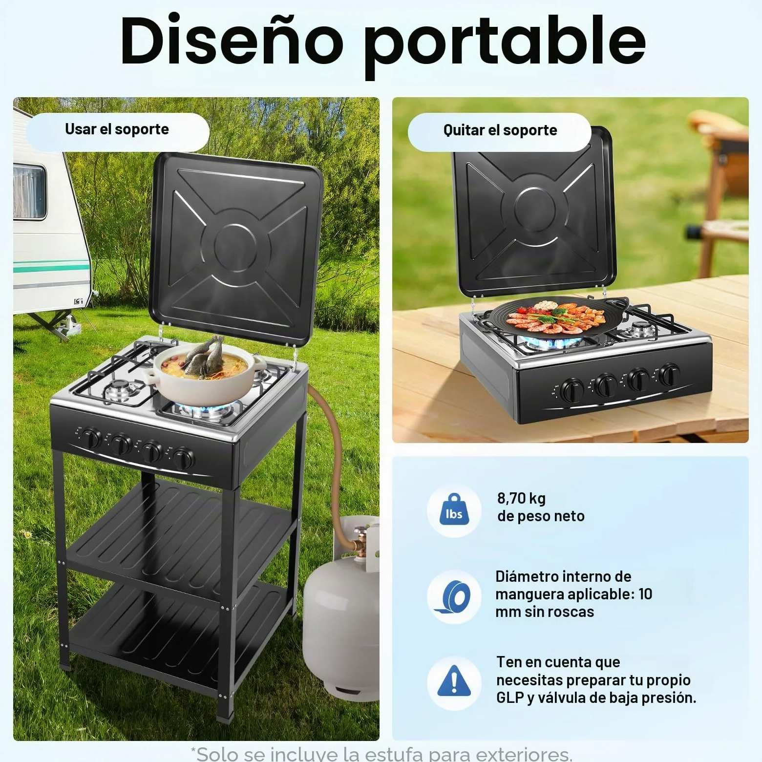 Cocina de Gas Natural de 4 Quemadores, Estufa de Gas Independiente con Doble Estante, para Camping o Actividades Familiares al Aire Libre, 49 x 49 x 79 cm