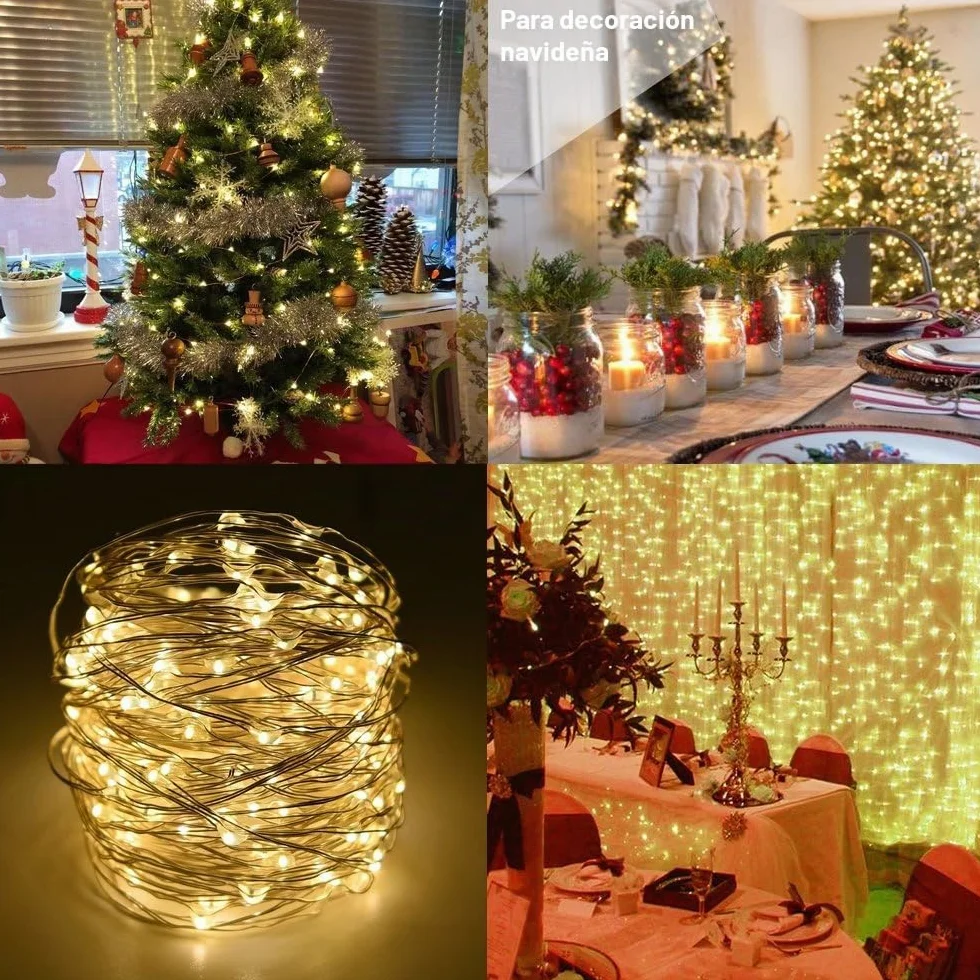 Guirnalda luces pilas 5m 50 LEDs alambre plateado 8 modos control remoto temporizador