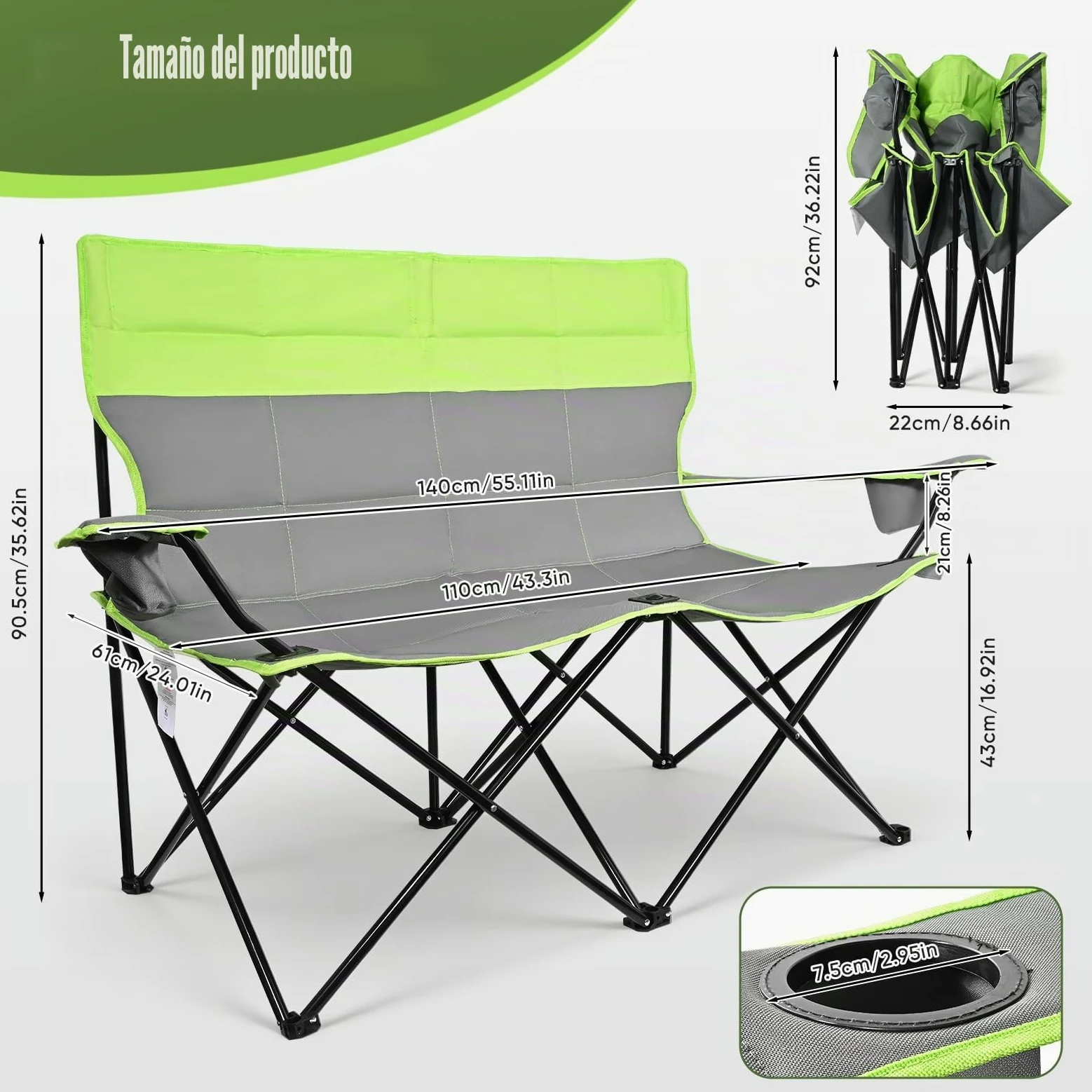 Silla de camping doble Rhyvorax para 2 adultos, sillas de camping plegables de alta resistencia con portavasos, silla de playa portátil para exteriores, jardín, picnic, pesca – Soporta 300kg (Verde +