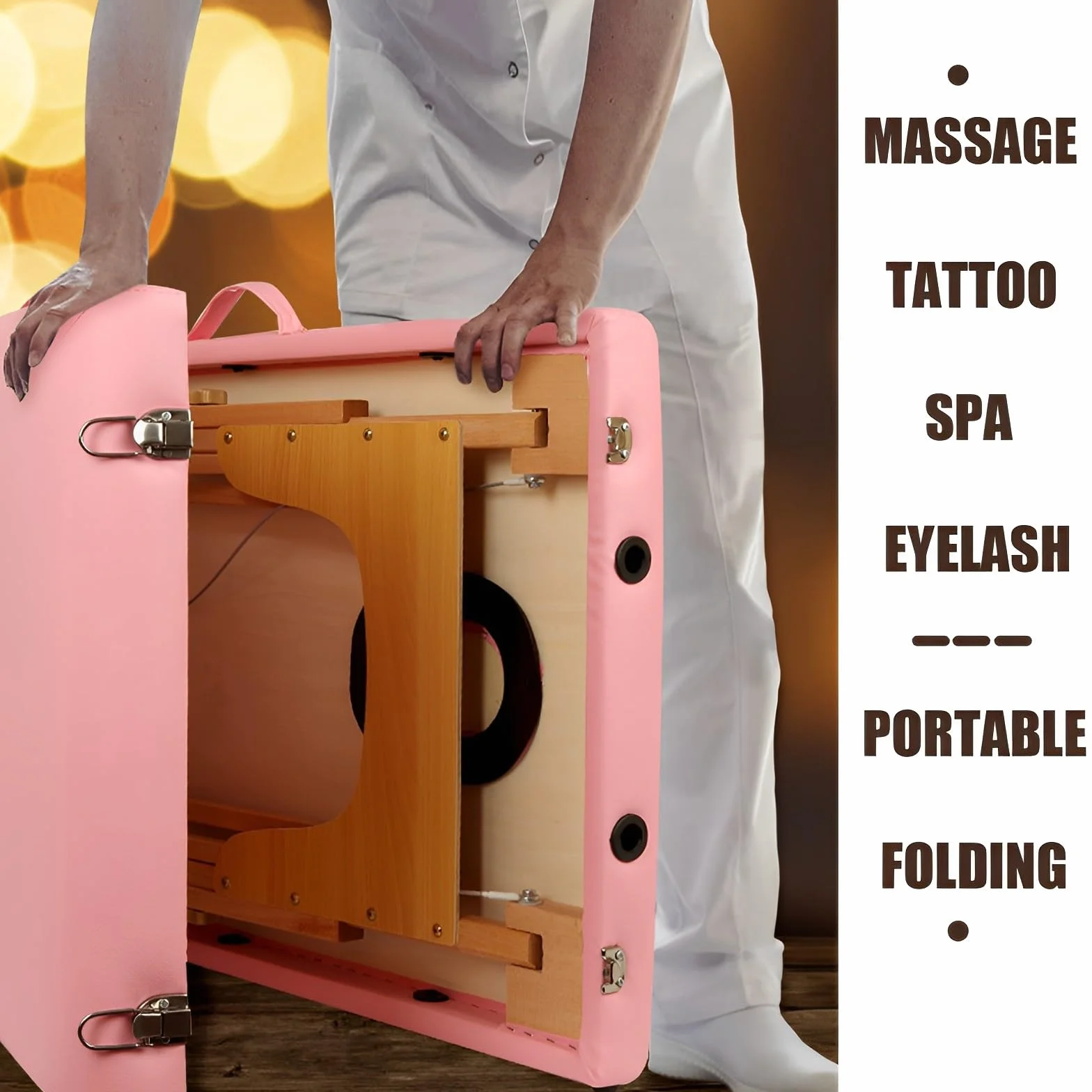 Camilla de Masaje Plegable 2-Zona Madera Portatil para Fisioterapia y Tatuaje Rosa