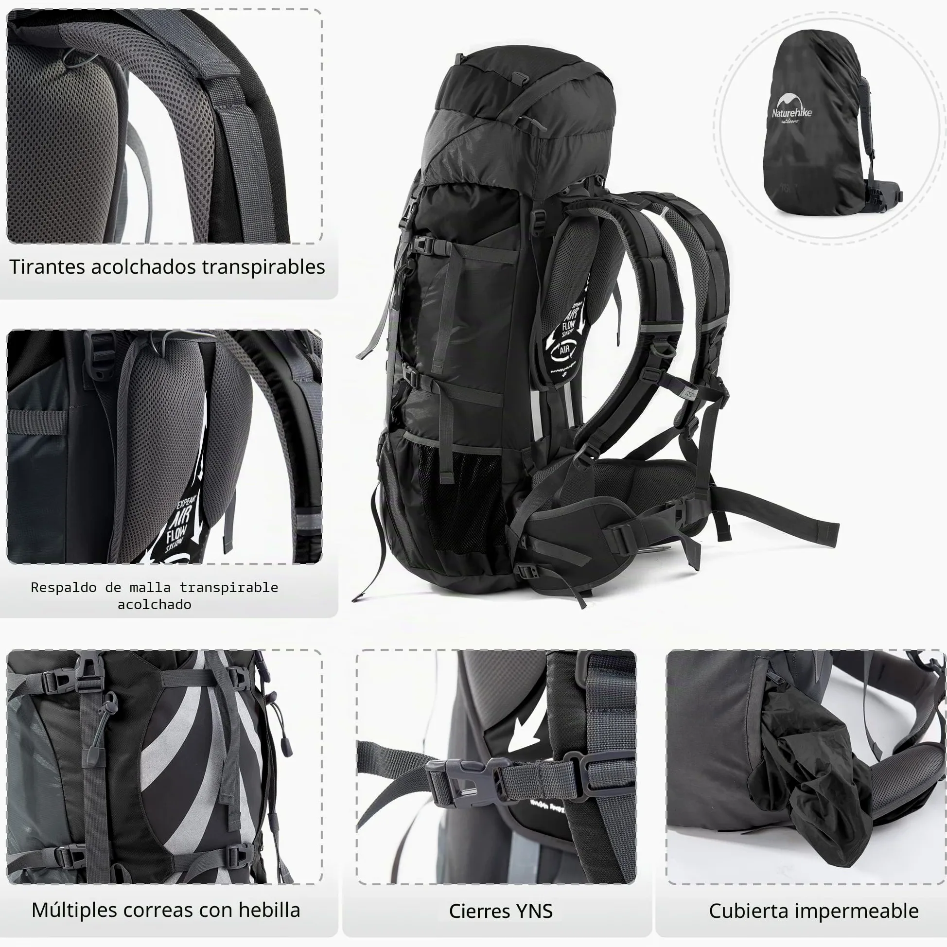Naturehike Mochila de Senderismo 70L Hombres Mujeres Trekking Mochila Ultraligero Impermeable Mochila Grande Mochila de Viaje con Raincover para al Aire Libre, Montañismo,Camping (Negro)