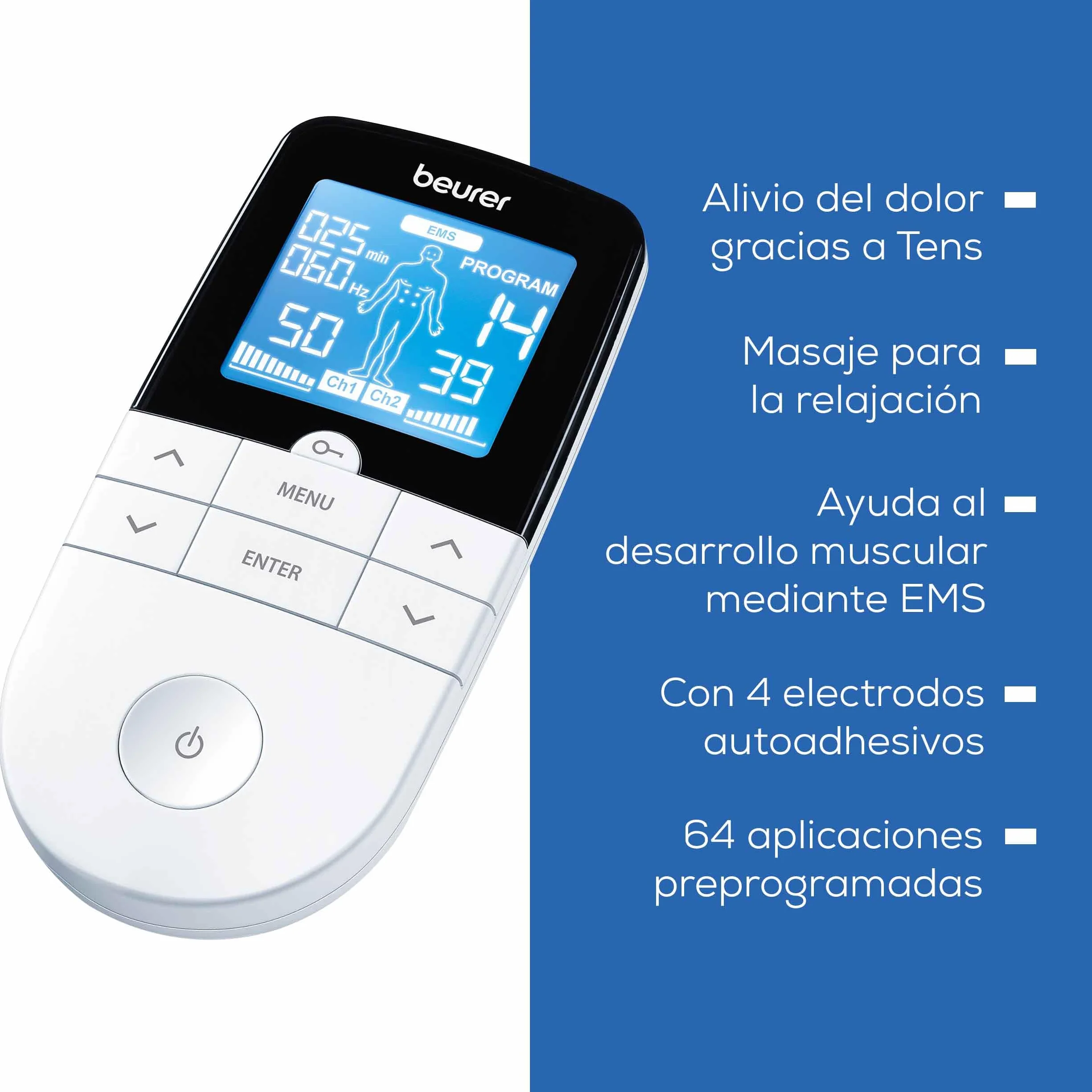 Beurer EM 49 TENS/EMS Digital 3 en 1 Estimulador Muscular para Alivio del Dolor y Entrenamiento, Masaje, 4 Electrodos, Blanco