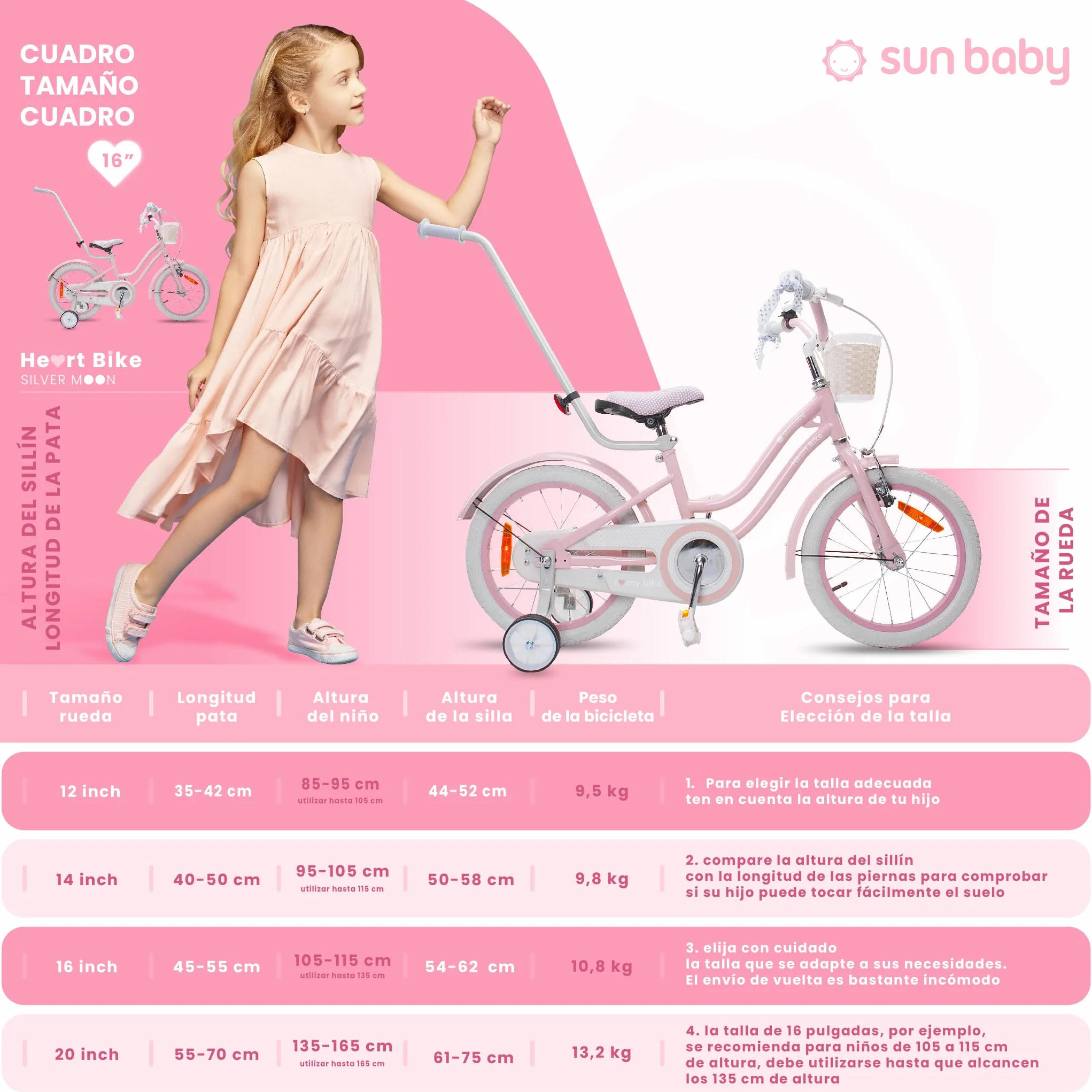 sun baby Heart Bike Bicicleta Infantil para niña 12/14/16 Pulgadas, con ruedines, Barra de Empuje, Cesta, Timbre, Freno contrapedal y V-Brake