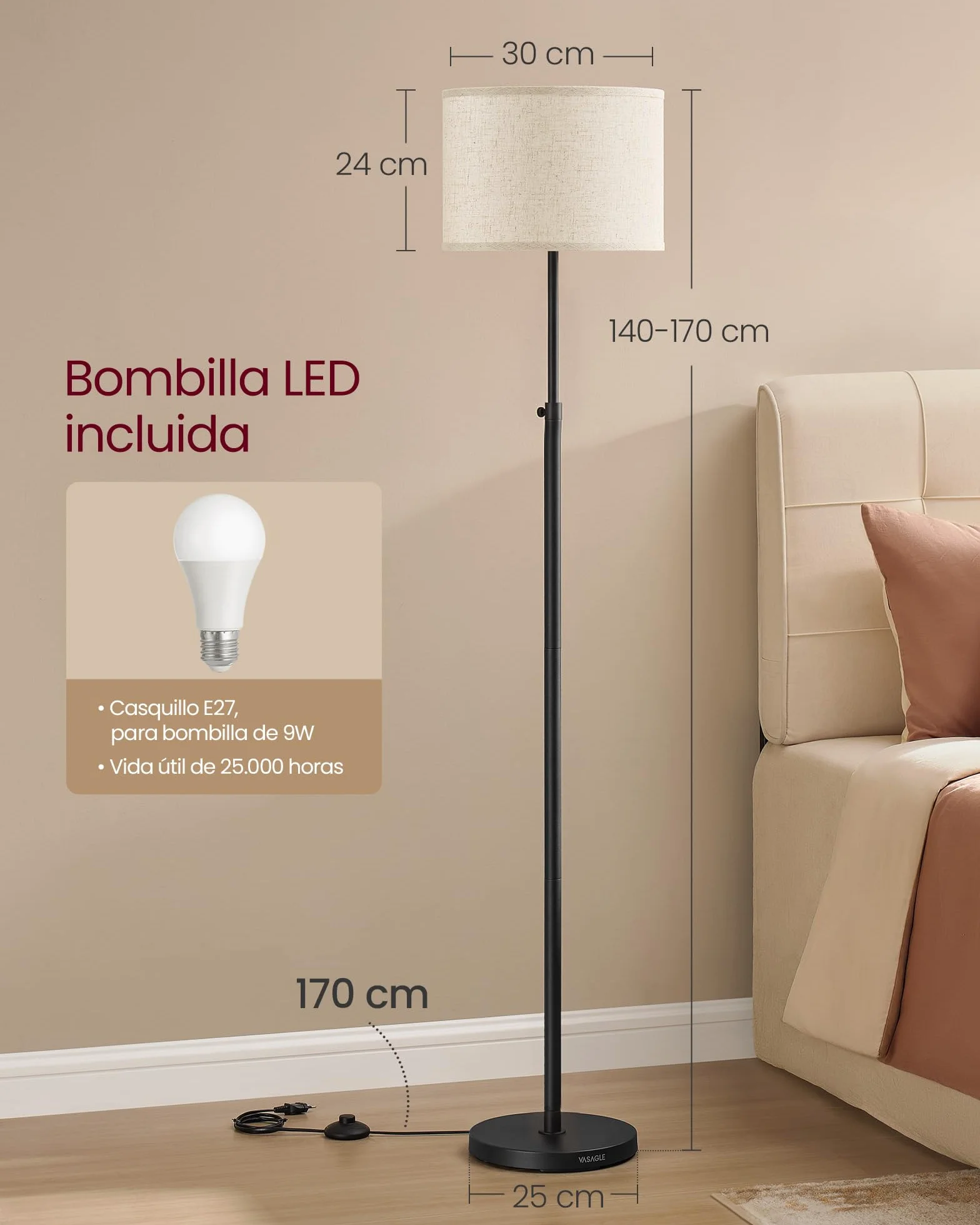 VASAGLE Lámpara de Pie Regulable en Altura 140-170 cm E27 Negro Tinta