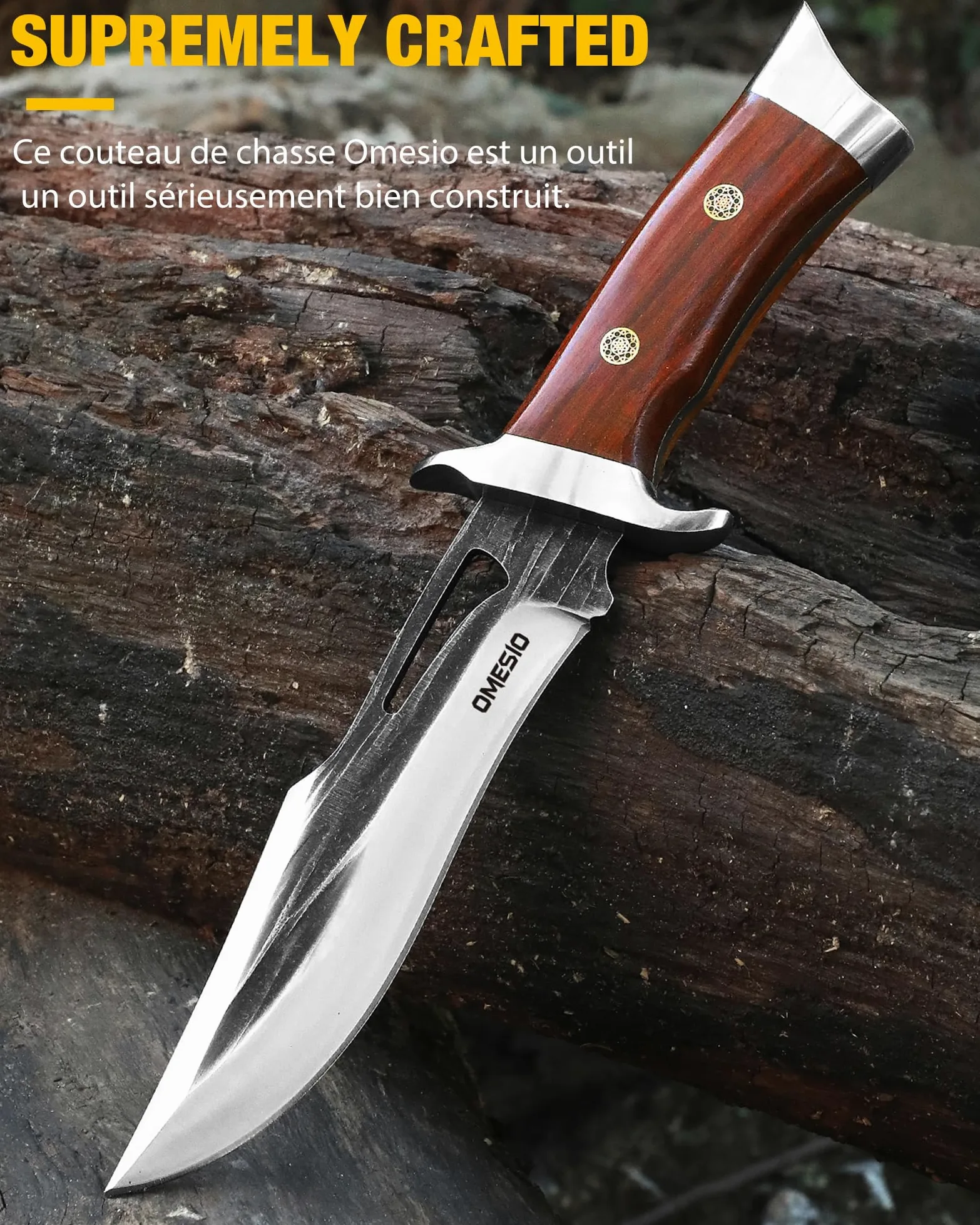 Omesio Cuchillo de Hoja Fija con Funda, 11.22'' Full Tang Cuchillos de Caza de Supervivencia para Hombres