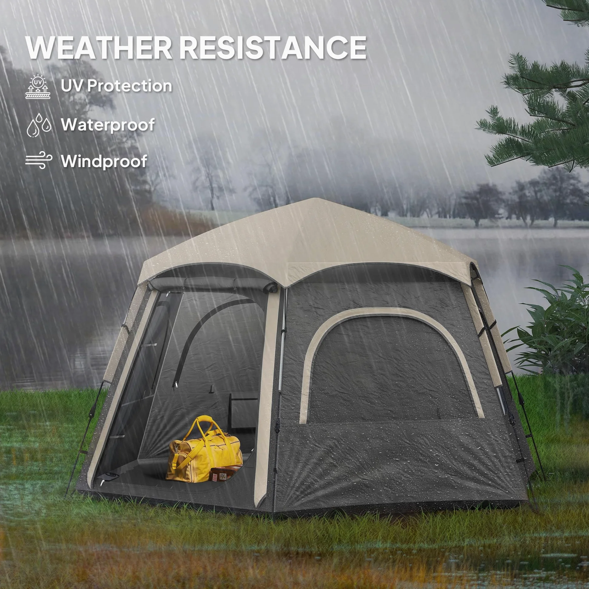 Outsunny Tienda de campaña instantánea para 2/3/4 personas, fácil instalación, tienda familiar con vestíbulo, lluvia, 4 ventanas de malla y 2 puertas, diseño hexagonal, tienda de campaña impermeable