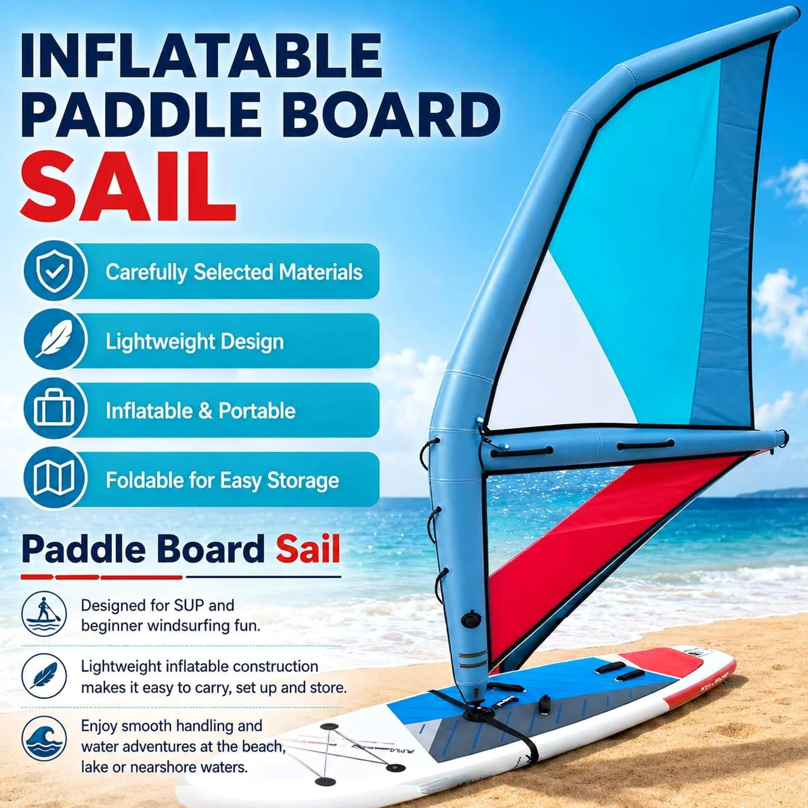 Vela Manual Hinchable 2,2/3,2/4,2/5,2㎡ para Sup 4.2m | Cuatro Tallas para Niños, Principiantes, Estudiantes, Riders Intermedios y Adultos Altos con Experiencia