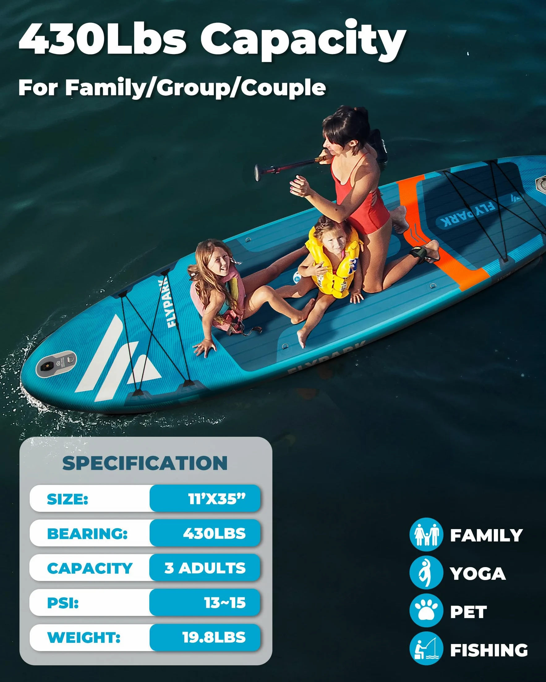 Flypark Tabla de Remo Inflable Estable de Pesca y Familia de 10 pies 8/11 x 35 Pulgadas, Tabla de Remo Inflable Extra Ancha, rodamiento de 430 Libras, Tabla de Remo de pie, Soporte de cámara, Correa