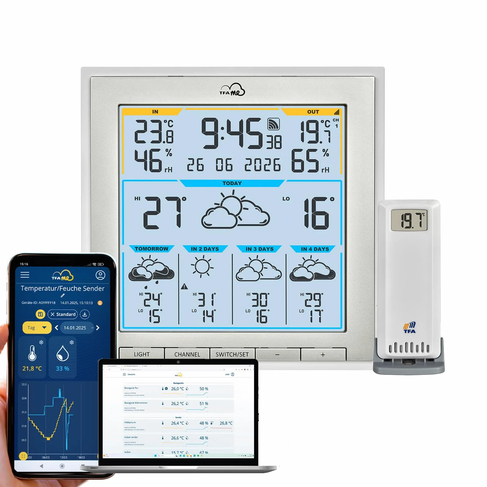 TFA Estación meteorológica Dostmann TFA.me ID-08, 35.8105, con sensor externo wifi, pronóstico del tiempo para 5 días, portal en línea, valores máximos y mínimos, función de alerta, color blanco