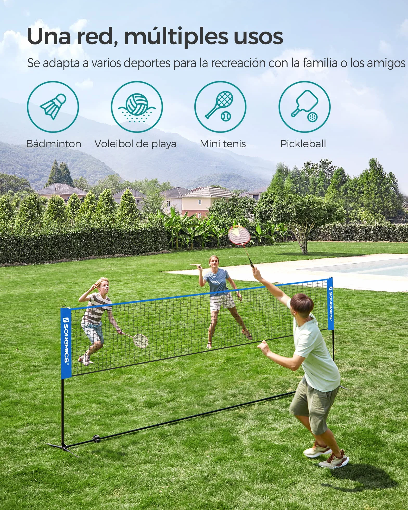 SONGMICS Red de Bádminton 4 m, Voleibol con Postes Ajustables, Portátil para Jardín, Parque, Exterior, Azul SYQ400