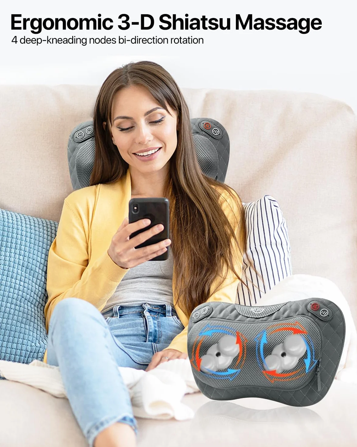 ALLJOY Cojín de Masaje Inalámbrico Shiatsu con Calor, Masajeador Cervical y Espalda, 3 Niveles 4 Nodos