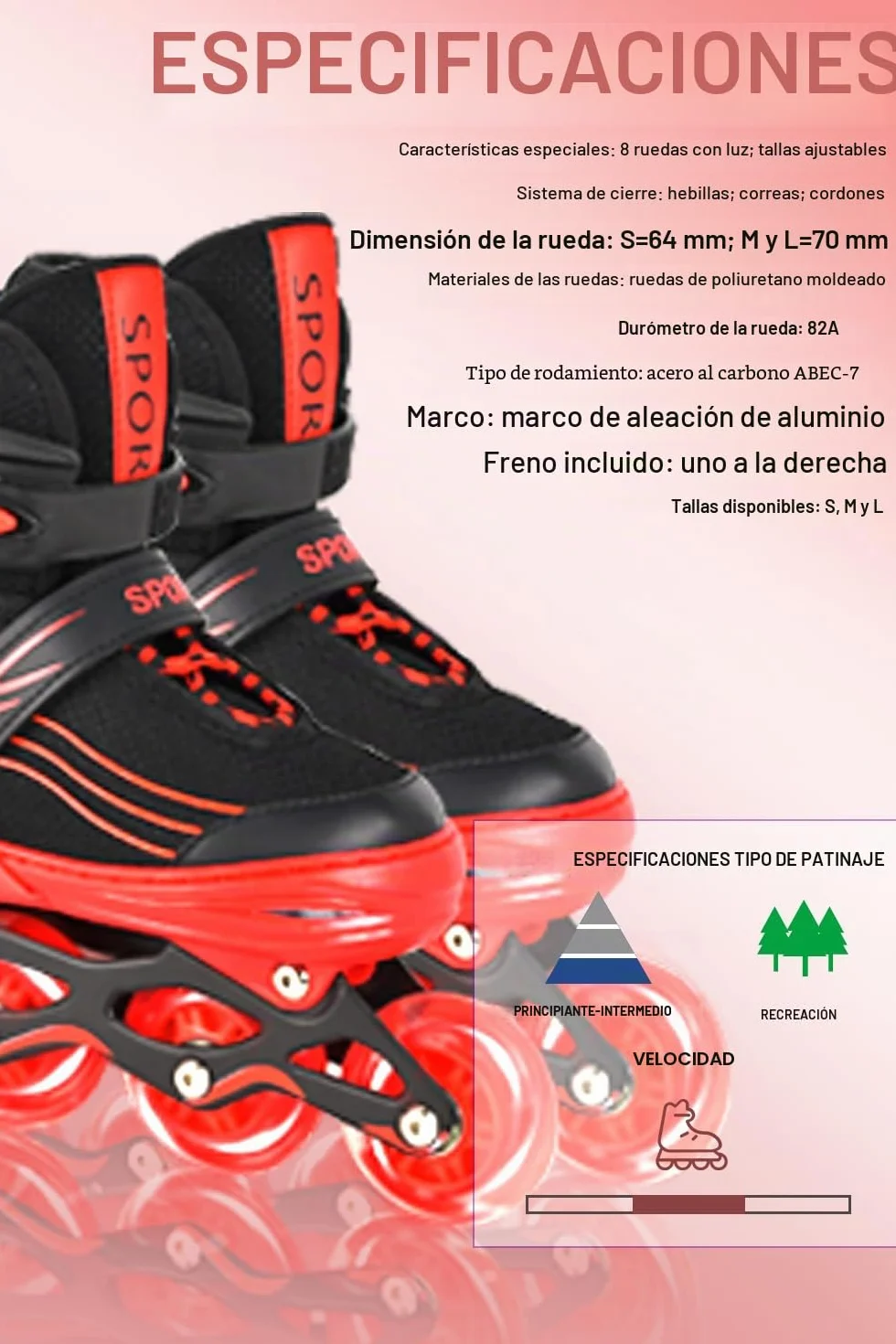 Patines en línea Ajustables para niños y adultos Interior Exterior Rojo