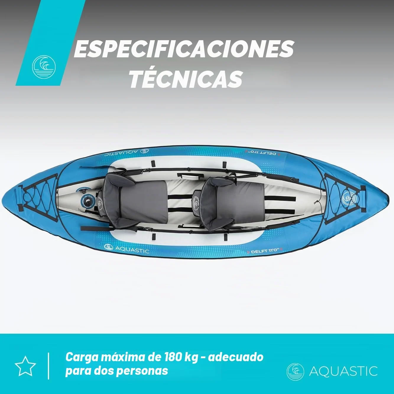 AQUASTIC Kayak DELF 11'0" Kayak Hinchable para 2 Personas con Dos Asientos Bomba Quilla Central y Funda Azul Kayak con Dimensiones 335x96 cm Ideal para Rafting y Excursiones Material PVC Resistente