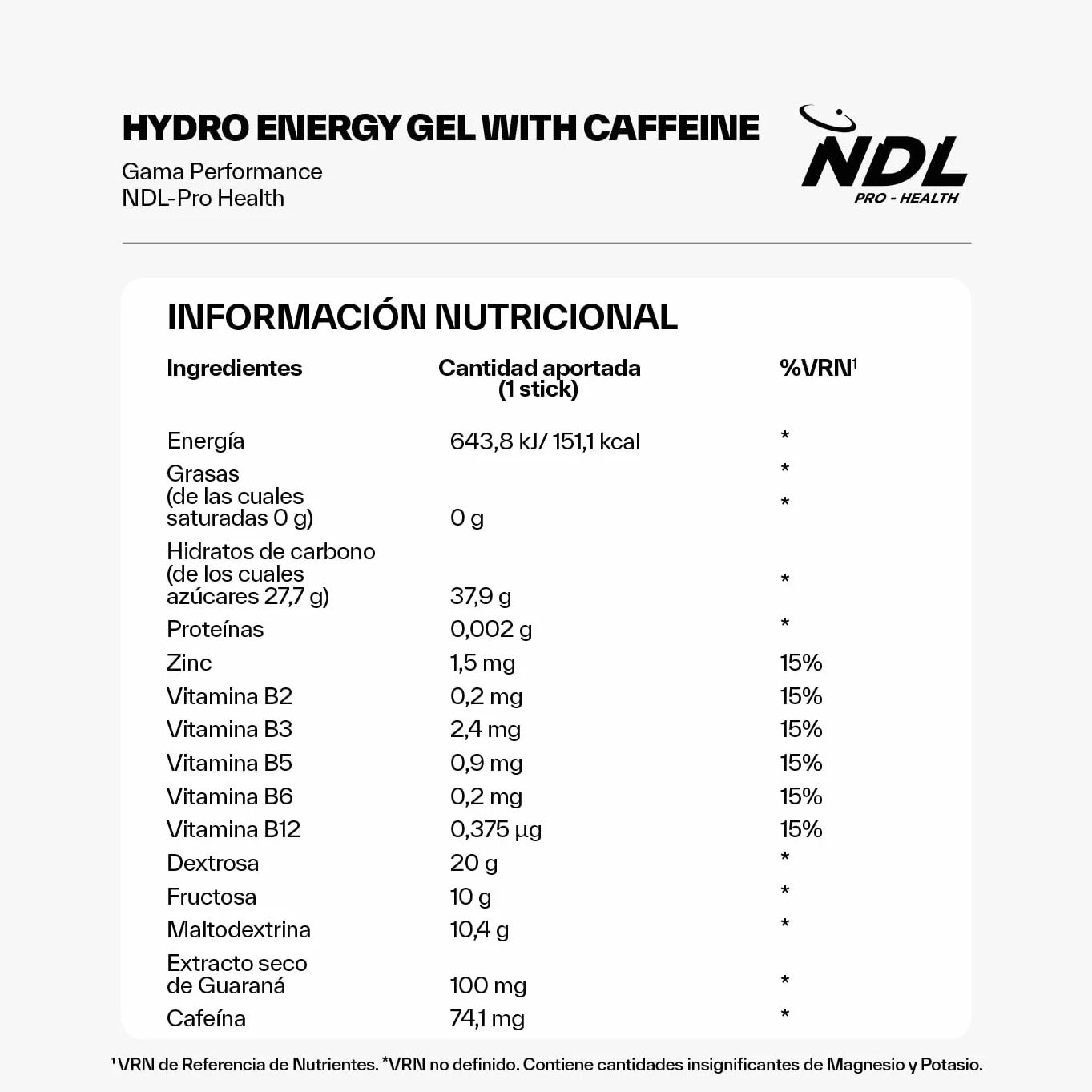 NDL Pro-Health Hydro Energy Gel 12x60g Gel Energético con Carbohidratos y Sales Minerales Cafeína