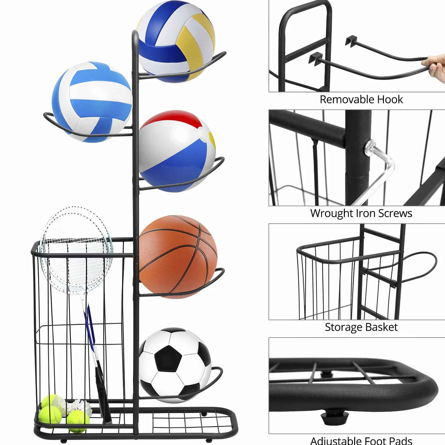 QWORK Estante de Almacenamiento de Baloncesto, Soporte para Pelotas, 116 x 23.5 x 58cm