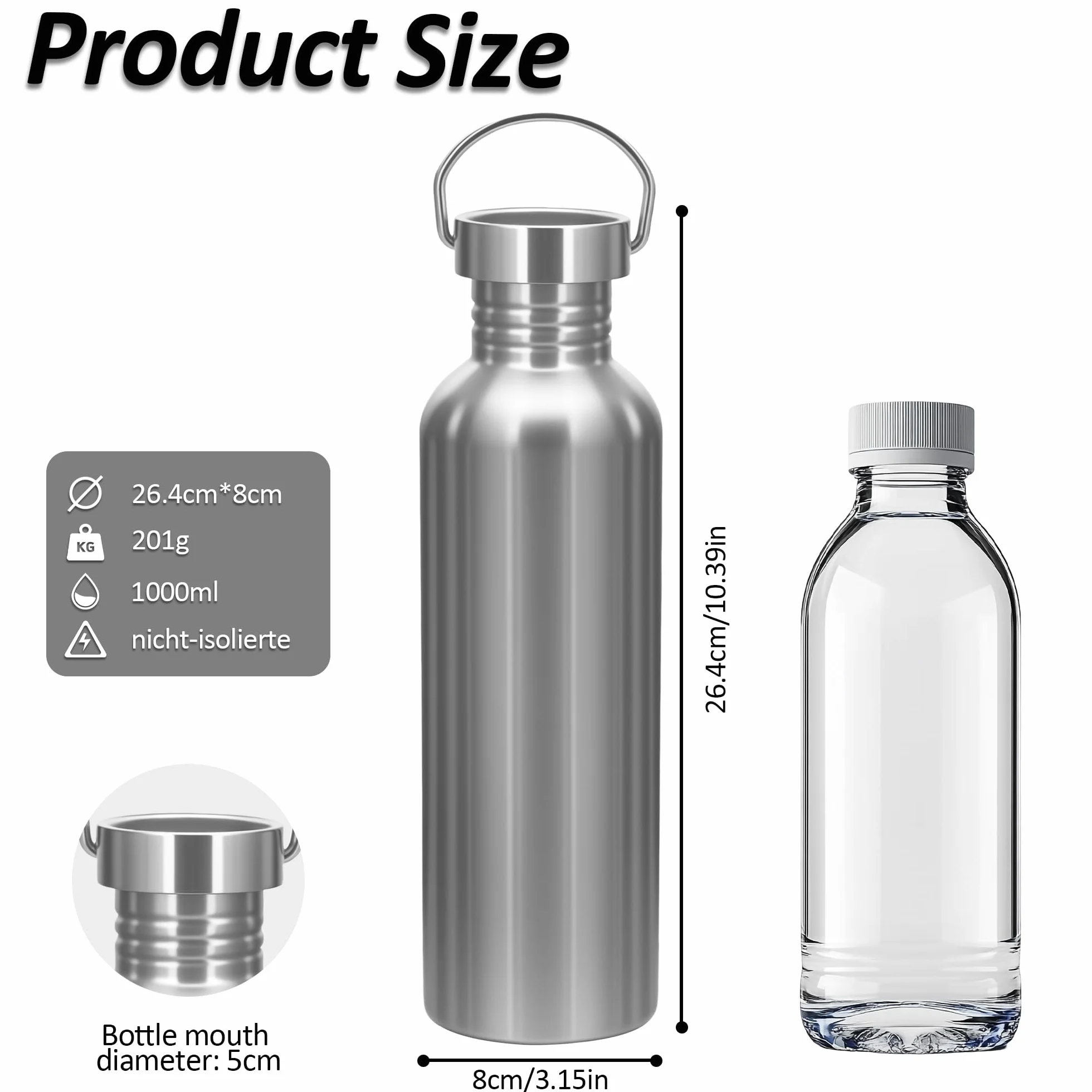 Botella Agua Acero Inoxidable 1000ML (1 Litro) - Cantimplora Acero Inoxidable Sin BPA, Reutilizable Ligera y Sin Fugas, Dos Tapas para Gym, Gimnasio, Deporte, Oficina y Niños