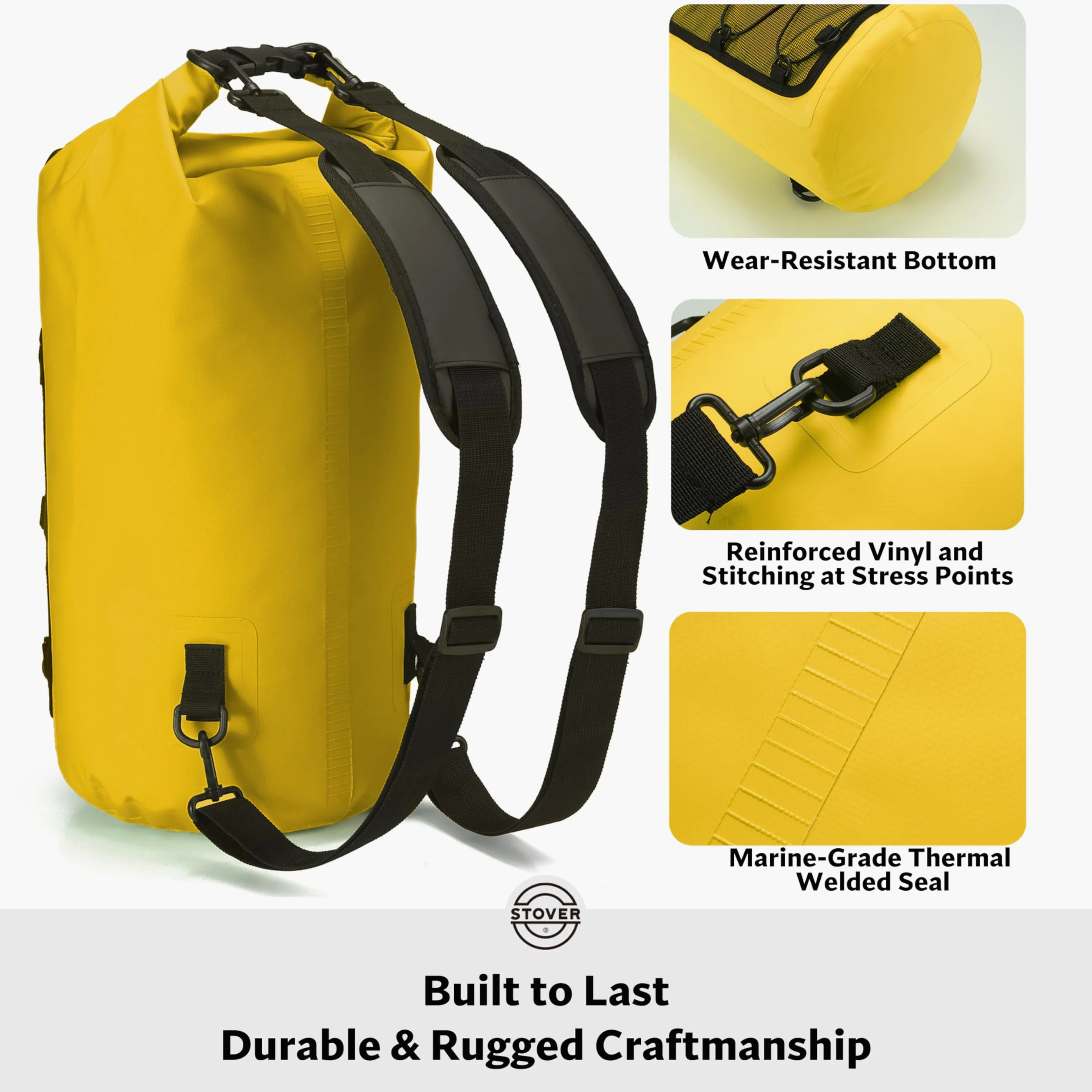 STOVER Bolsa seca impermeable de 25/30/40/55 L, mochila seca resistente con parte superior enrollable para kayak, canotaje, camping, hombres y mujeres, 25 l+ amarillo, 25L, Bolsa seca