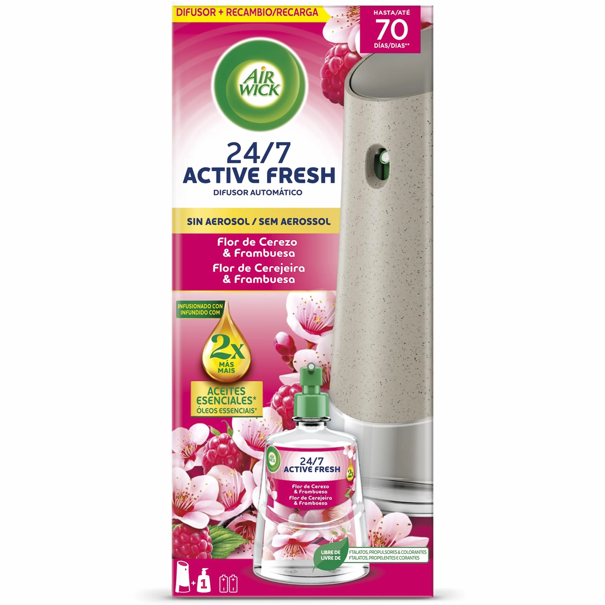 Air Wick Active Fresh Spray Automático Sin Aerosol Ambientador Hogar Flor de Cerezo Frambuesa 2x Aceites Esenciales