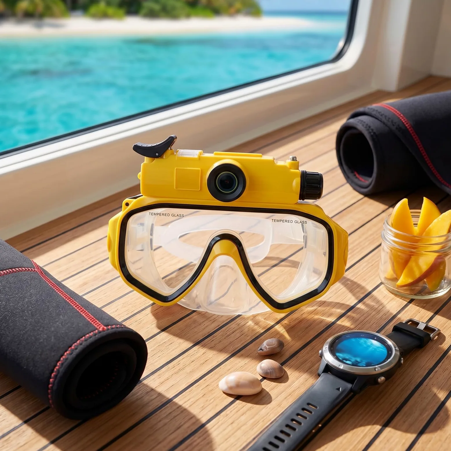 Gafas de Buceo con Cámara, Video 2K, Ángulo Amplio 100 Grados, | Impermeable hasta 15 M, Falda de Silicona, Vidrio Templado, Cámara Subacuática, Compatible con App, Ideal para Snorkel y