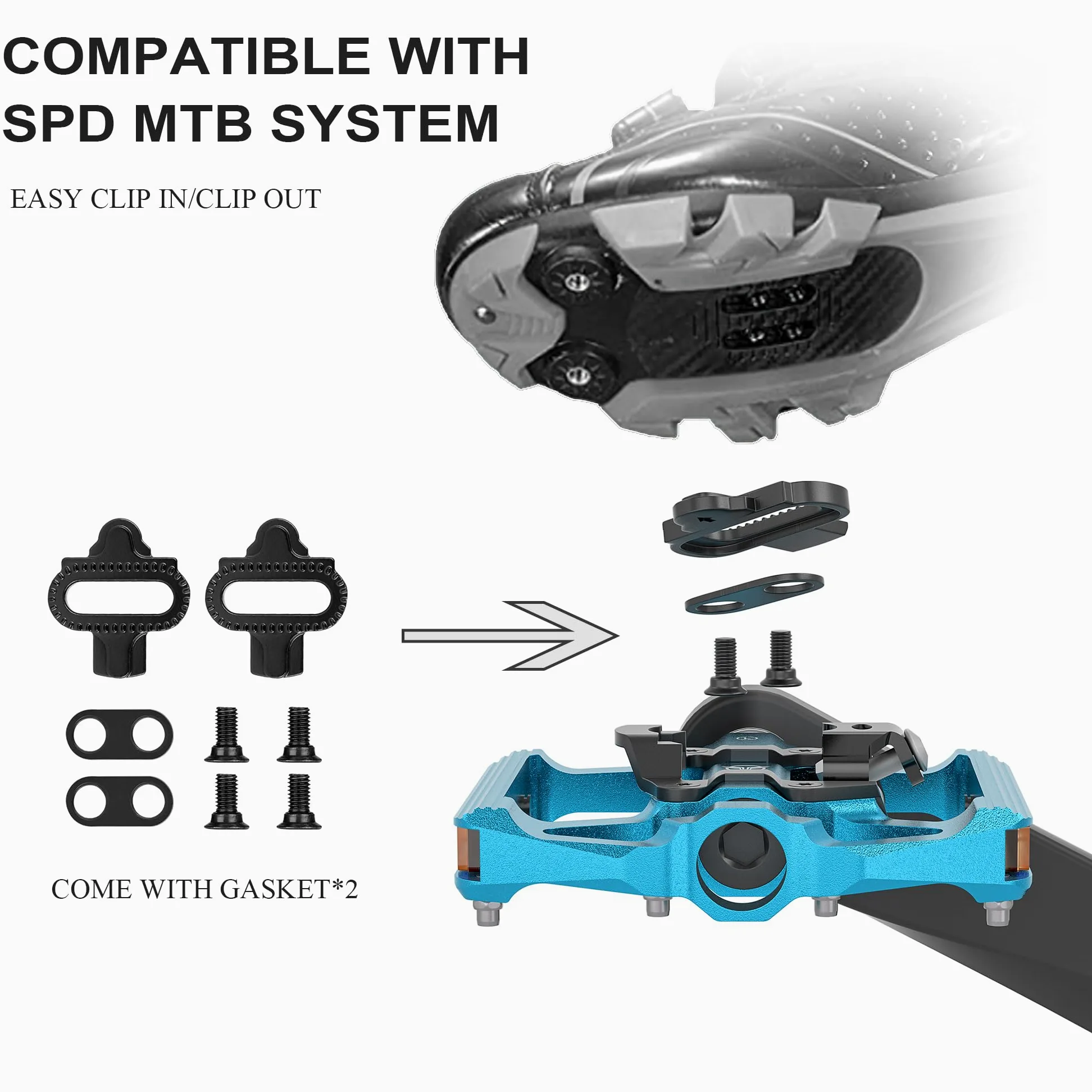 Pedales de Bicicleta de montaña con Reflector, Placa de Doble función y Pedales sin Clip, Pedal de Bicicleta de 9/16 Pulgadas, Compatible con SPD, 3 rodamientos sellados, Pedales de montaña de