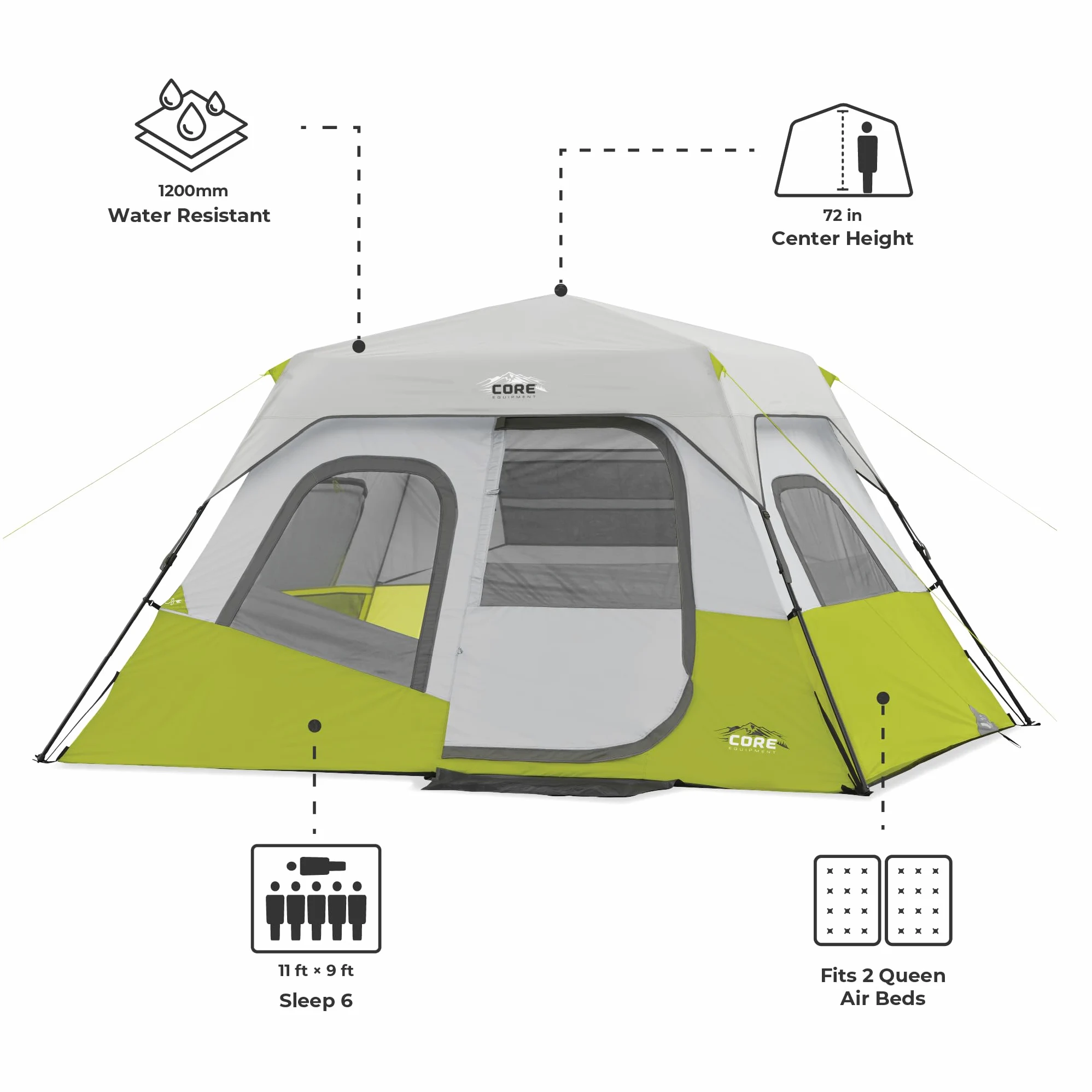 CORE Tienda de campaña instantánea para 6 personas | Tienda de campaña portátil grande desplegable con fácil instalación de campamento de 60 segundos para acampar familiar | Organizador colgante