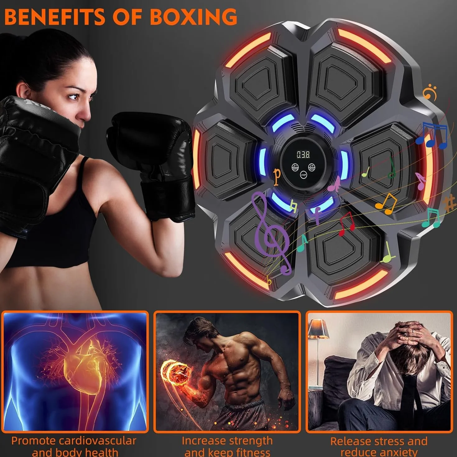 Maquina Boxeo Musical Pared 9 Modos 9 Velocidad Music Boxing Machine Adulto con Guantes Bluetooth Recuento Inteligente