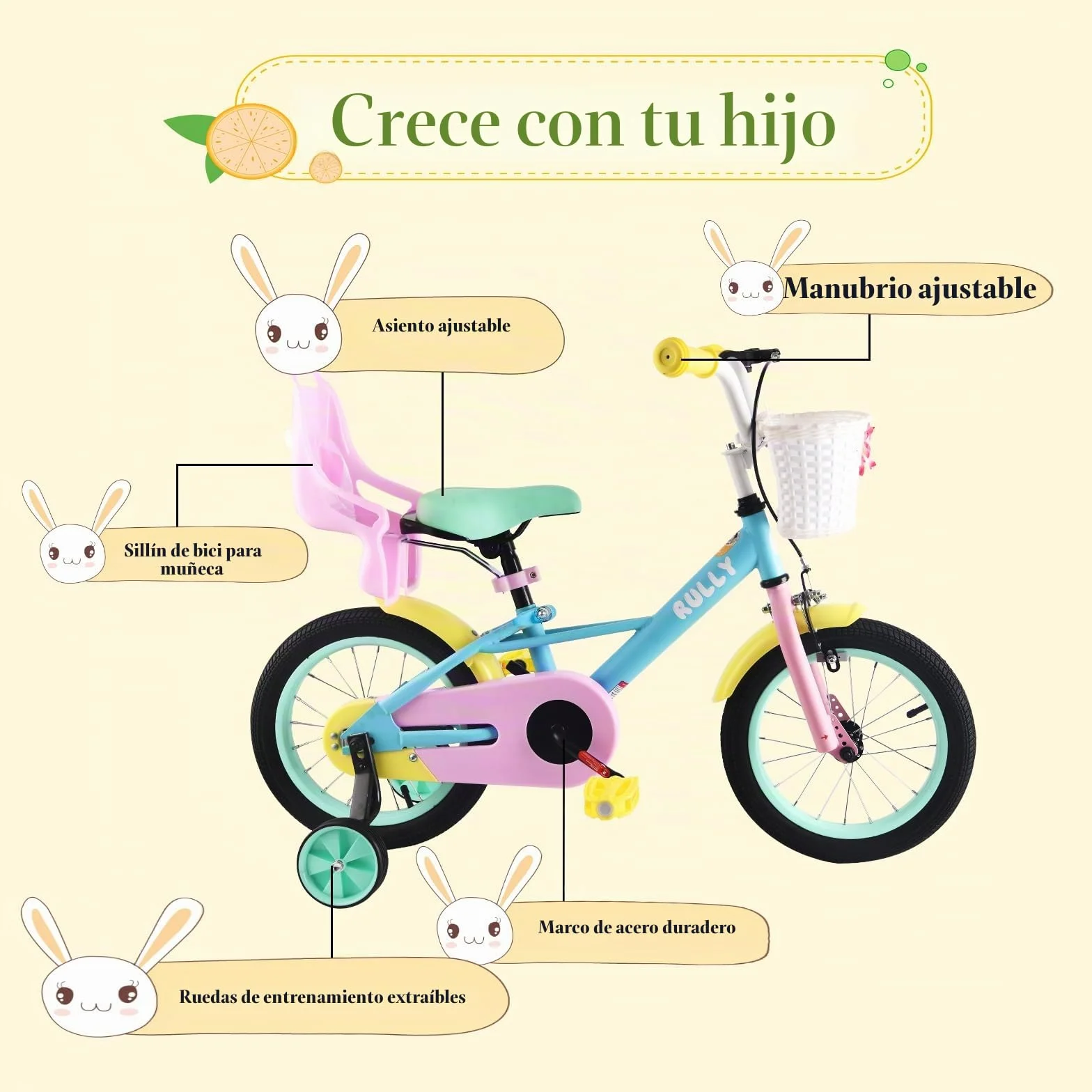 RULLY Bicicleta para Niñas de 12 a 16 Pulgadas con Ruedas de Apoyo y Freno Contrapedal