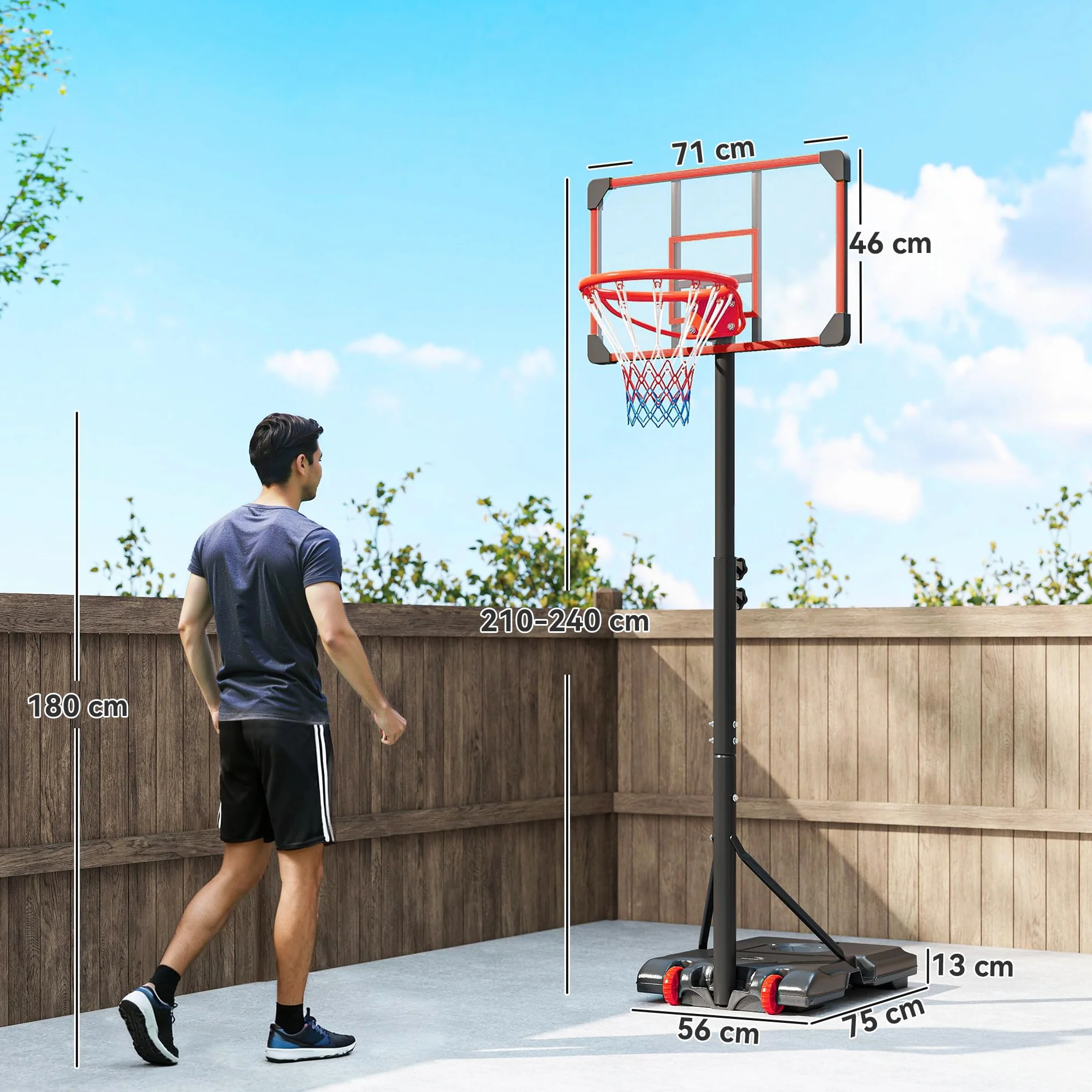 SPORTNOW Canasta de Baloncesto Exterior, Altura Ajustable 178-208 cm, Portátil con Tablero Irrompible