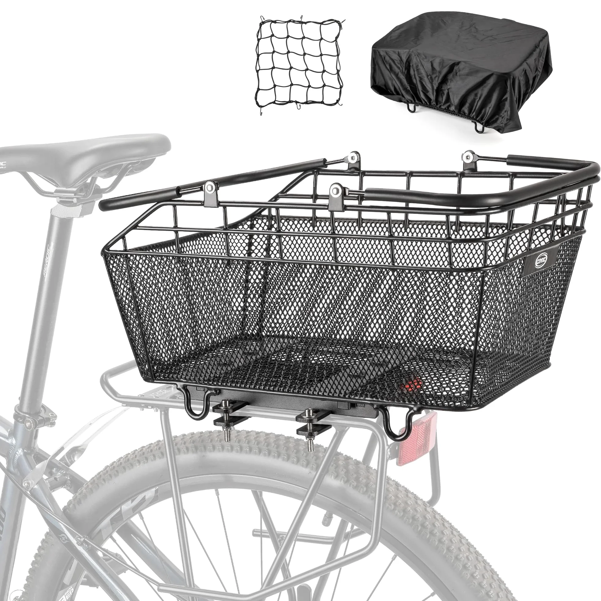 CXWXC Cesta trasera para bicicleta con asa, cesta trasera de bicicleta de liberación rápida con red de carga y cubierta impermeable, cestas de alambre traseras de gran capacidad