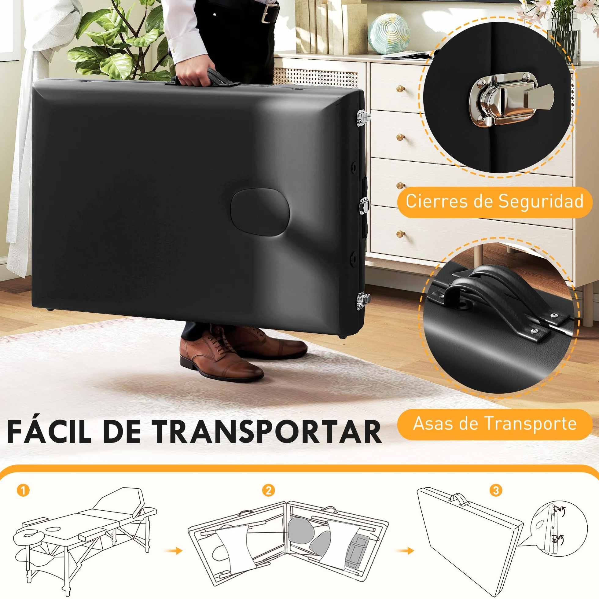 HOMCOM Camilla Masaje Plegable Portátil 3 Zonas Madera Altura Ajustable Reposacabezas Reposabrazos Acolchados SPA Tatuajes 215x60x62-89 cm Negro
