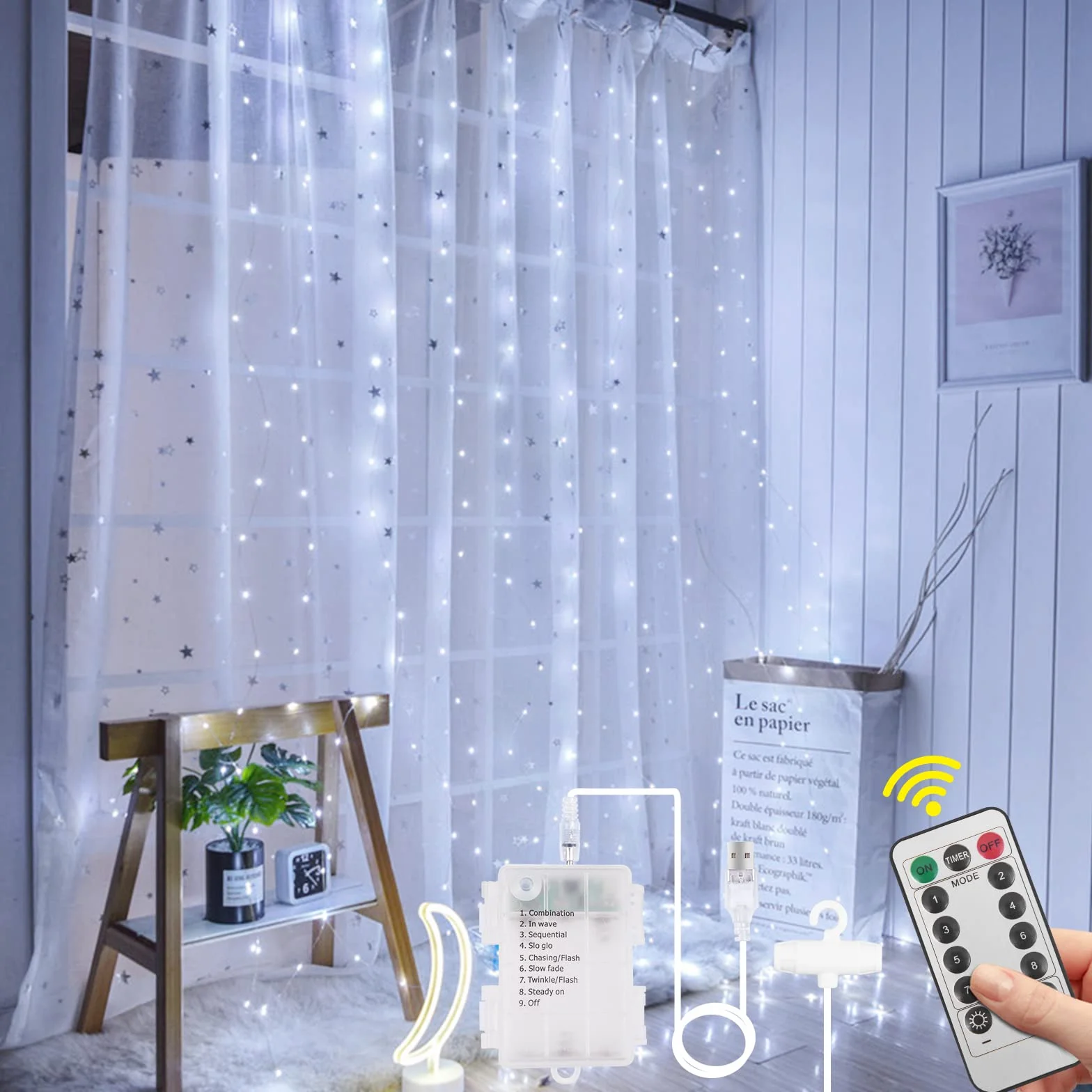 Aomig Cortina de Luces LED USB 3m x 3m 300 LED 8 Modos Control Remoto Impermeable para Ventana Navidad