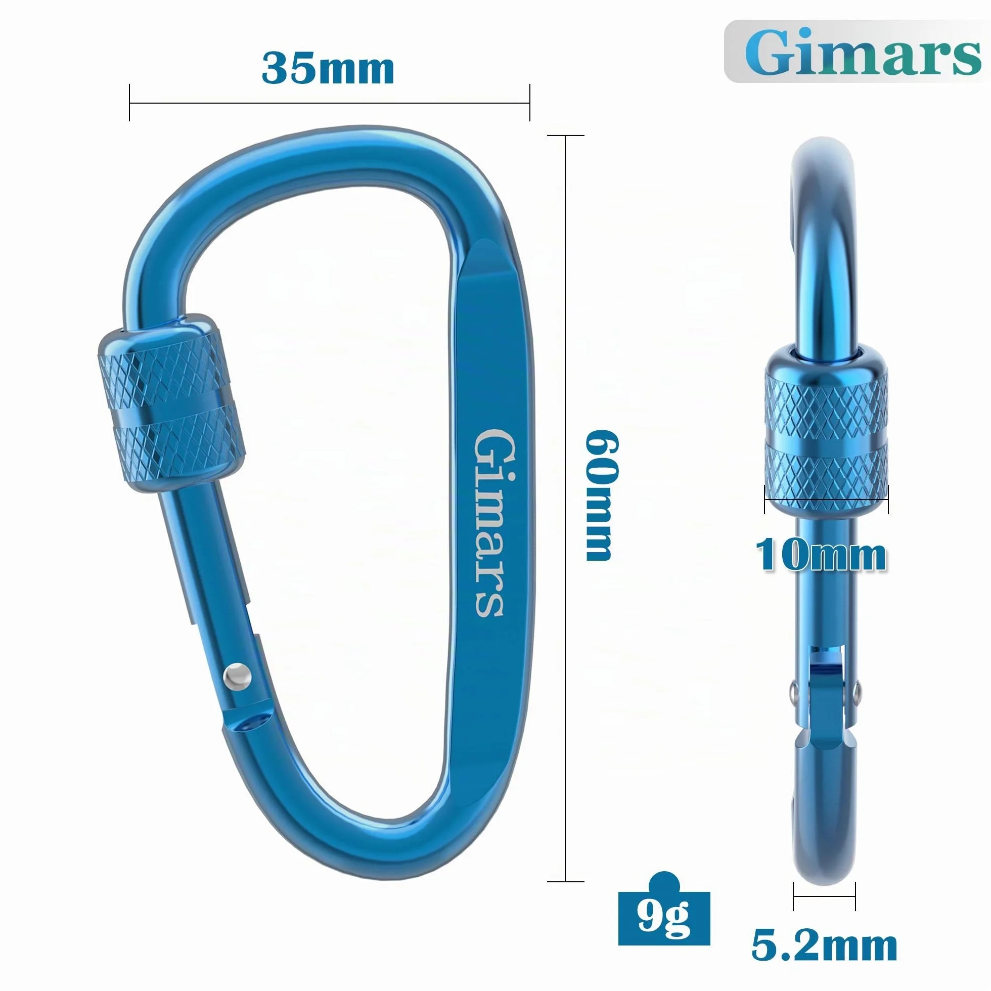 Gimars Juego de 10 Mosquetones D Aluminio con Tuerca 6*6*3.3 cm, Cierre de Mosquetón con Resorte para Camping, Senderismo, Gimnasio, Pesca y Mochilero Herramienta Resistente y Ligera al Aire Libre