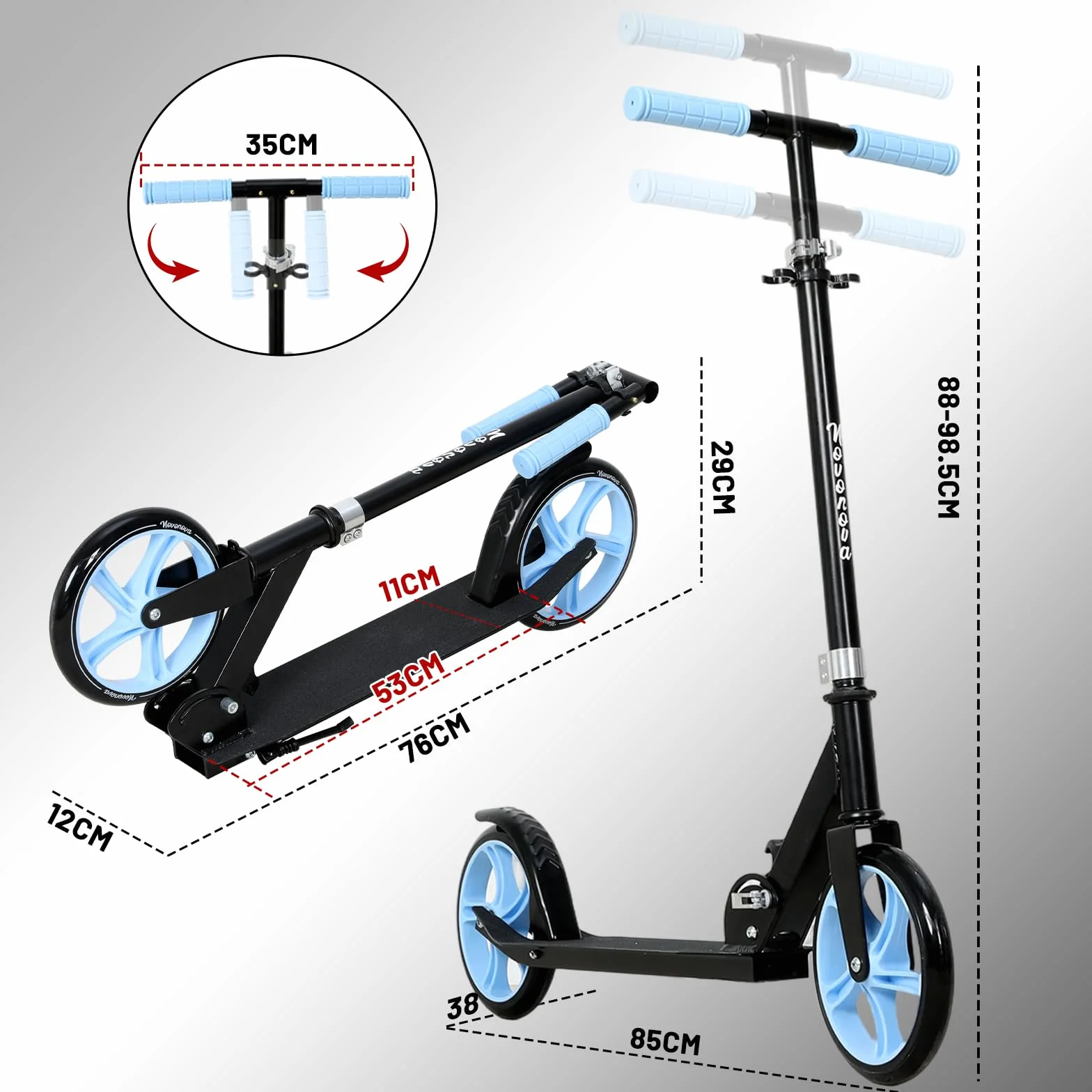 Patinete Scooter Plegable, Patinetes para niños y niñas, 9-14 años con Manillar Ajustable 88-98.5cm, Patinete con 2 Ruedas Grandes 200mm y Freno Posterior, Máx. 100kg