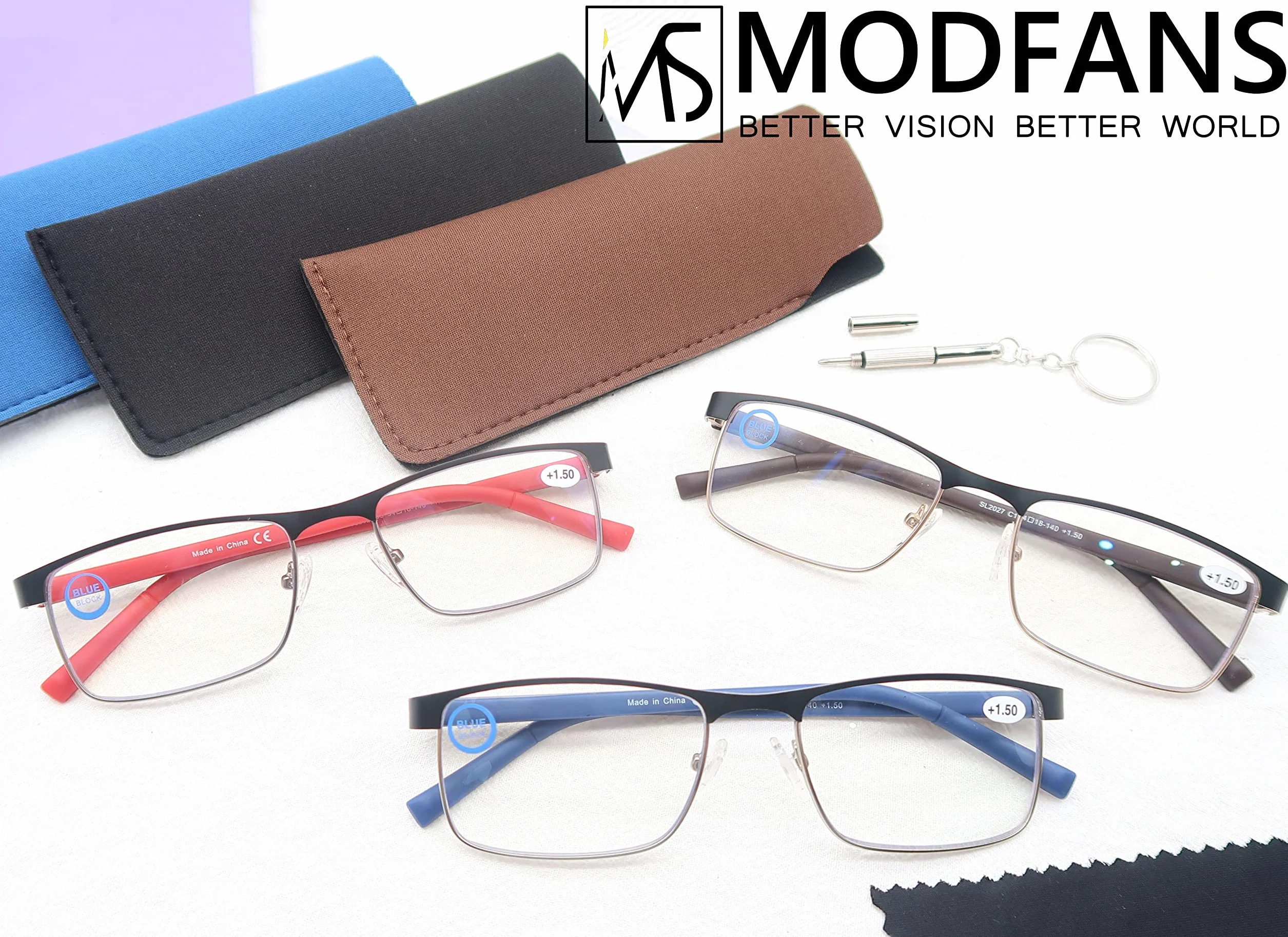 MODFANS Pack de 3 Gafas de Lectura Anti Luz Azul Rectangular Metal Acero Inoxidable Lente Clara