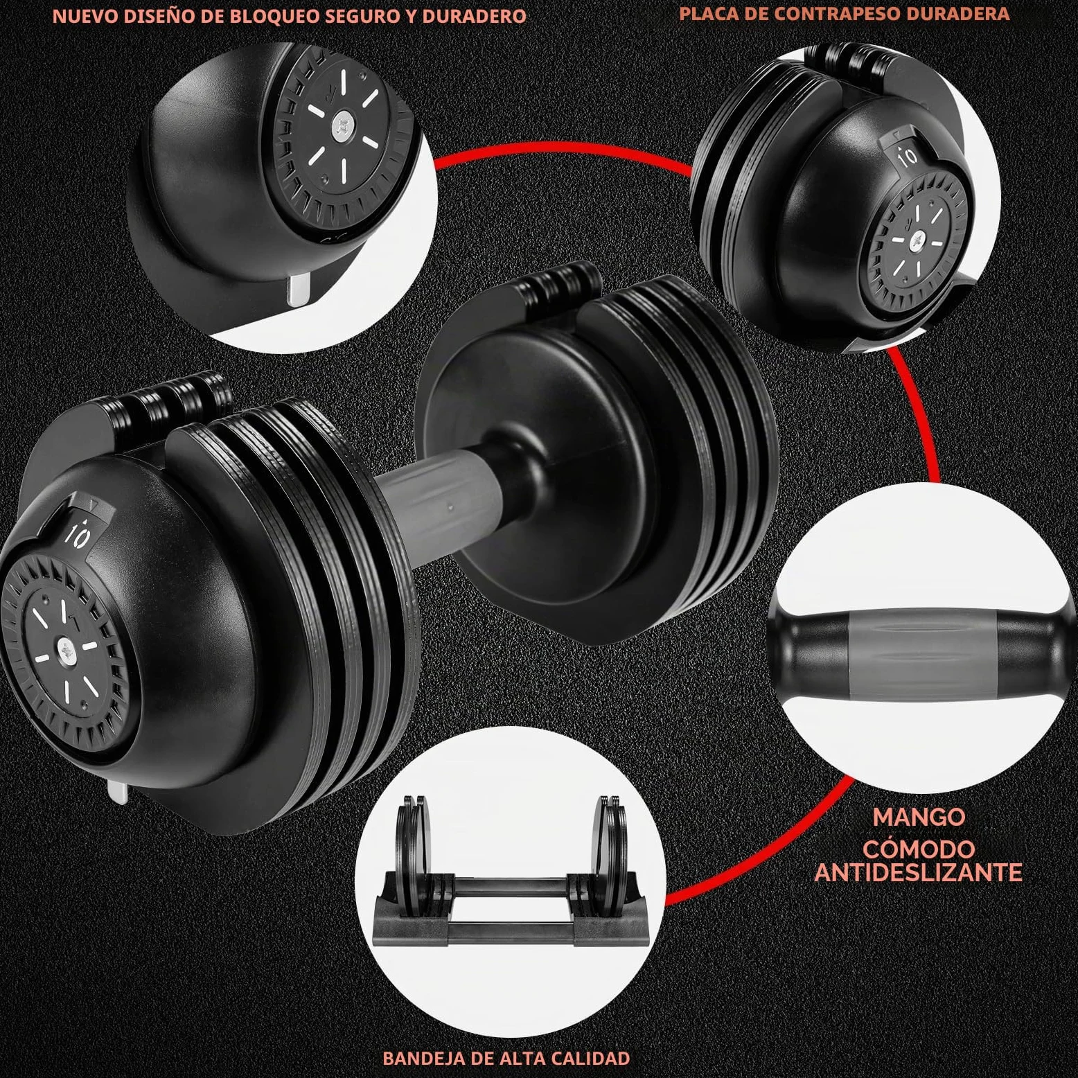 Mancuerna Ajustable 10kg 20kg 24kg, 5 Pesos ajustables, Entrenamientos de musculación indoor, Agarre ergonómico, Para gimnasio o hacer deporte en casa