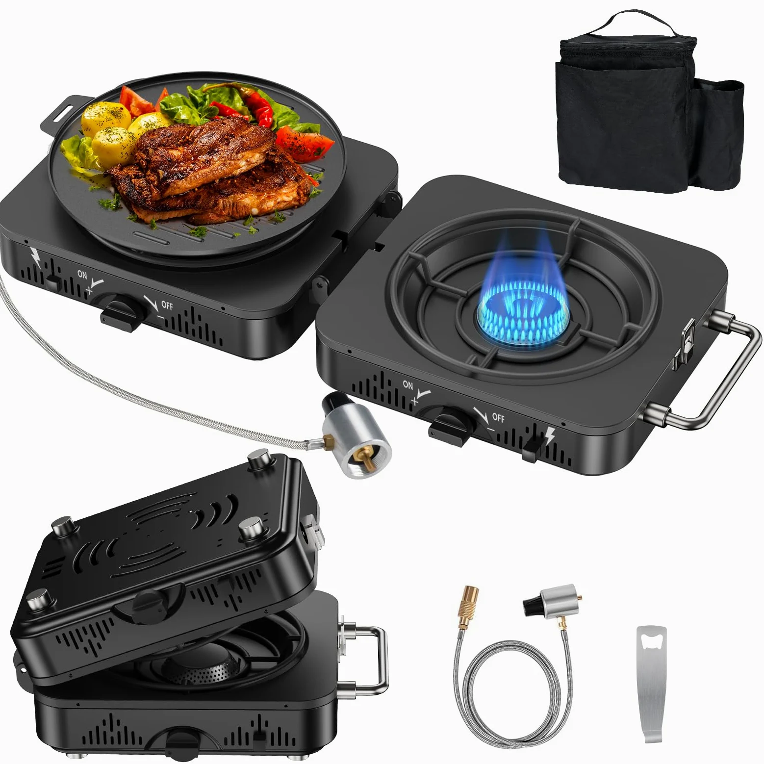 LILTSDRAE Estufa de propano de 2 quemadores, 20000 BTU, diseño plegable portátil con quemadores ajustables, encendido piezoeléctrico para portón trasero, barbacoa, cocina al aire libre
