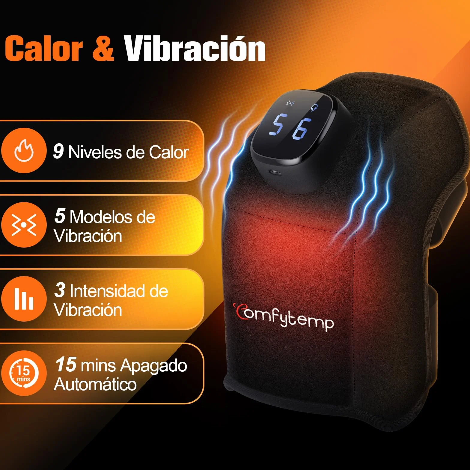 Comfytemp Almohadilla Térmica Inalámbrica para Rodilla, Masajeador 3D, Manta Eléctrica Portátil con 9 Calor 5 Vibración 3 Intensidad, Control APP