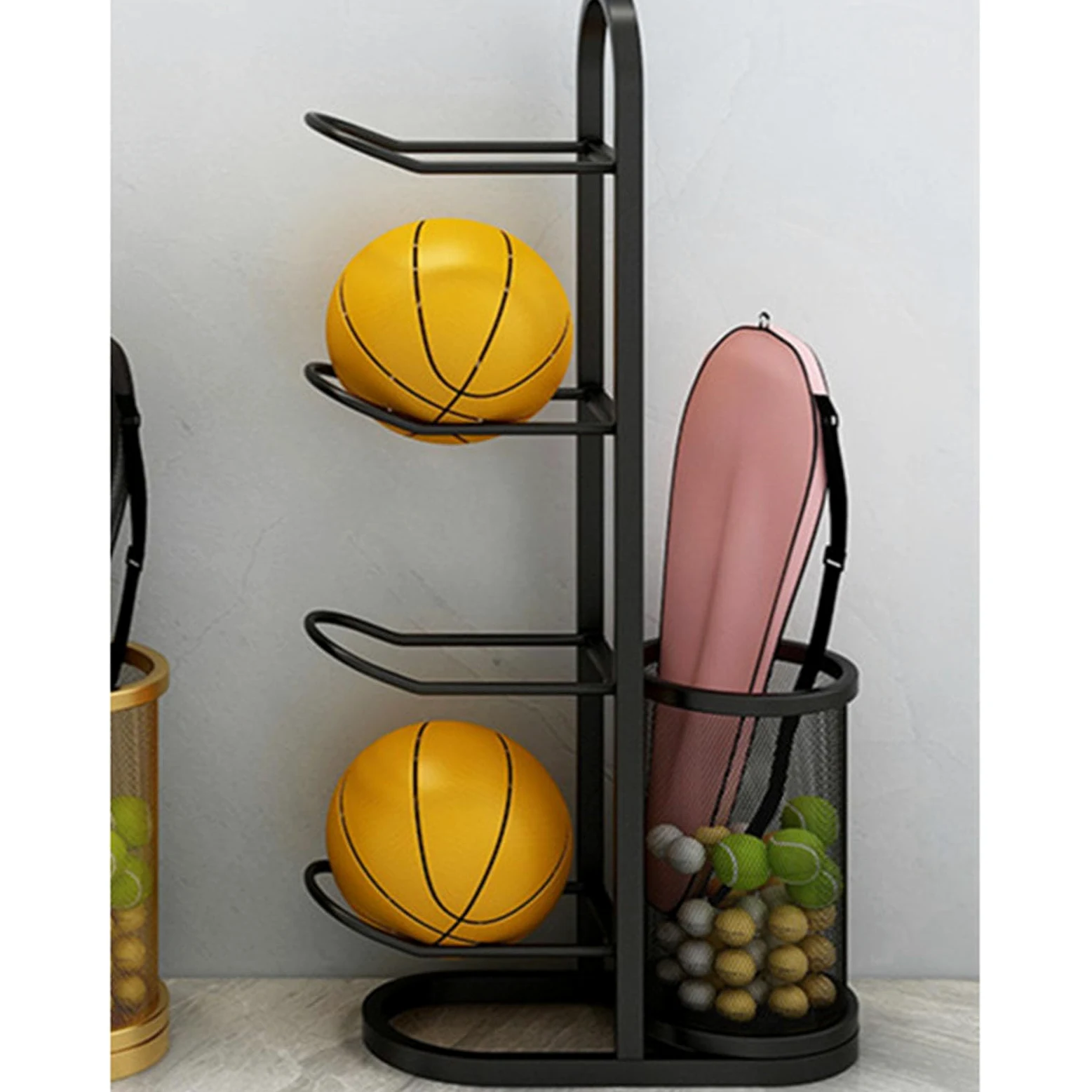 Soporte y almacenamiento de baloncesto, vertical y horizontal, capacidad de 115 cm, organizador de pelotas duradero para garaje, sala de herramientas