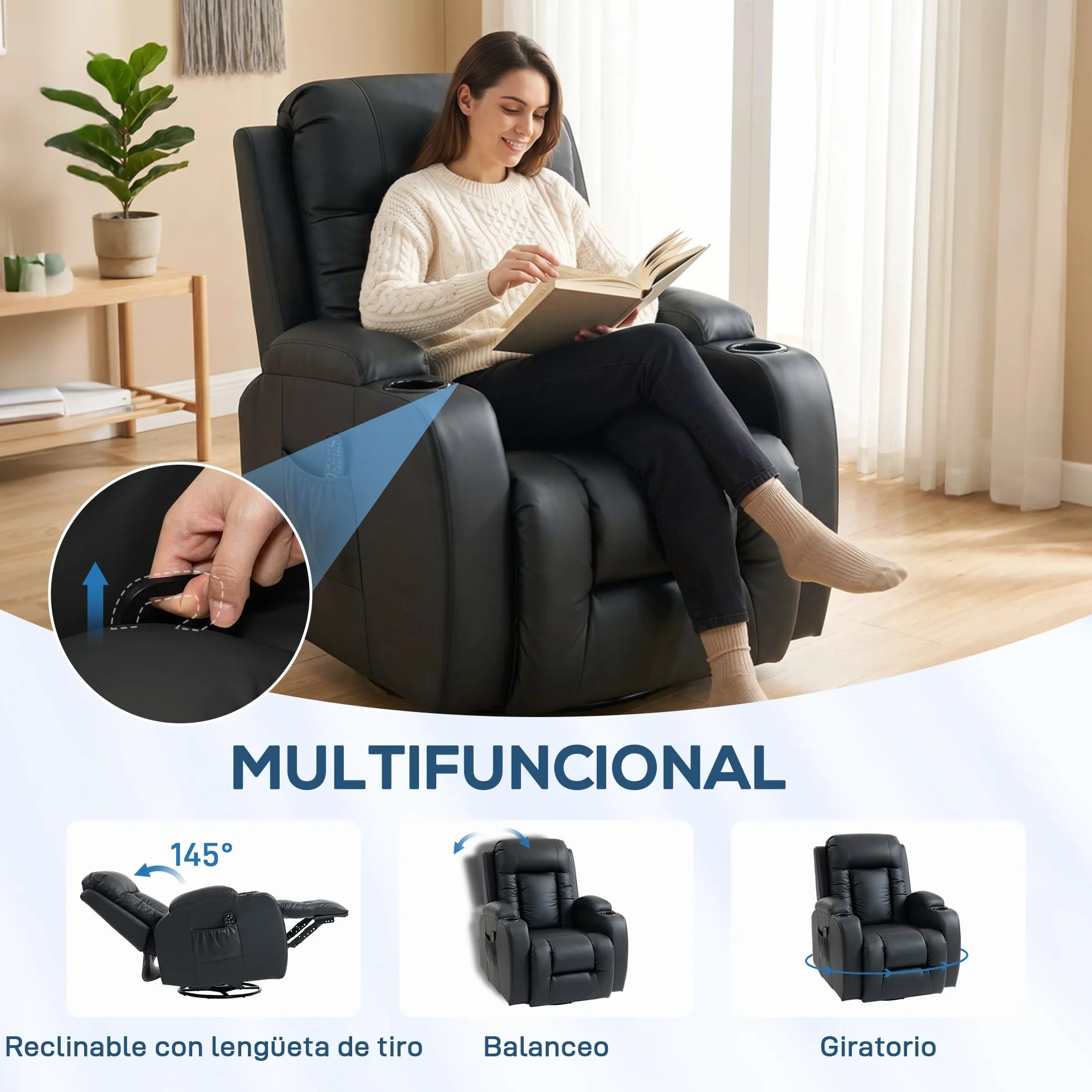HOMCOM Sillón de Masaje Giratorio 8 Puntos Masaje Vibrante Reclinable Calefacción Lumbar Mando a Distancia 85x94x104 cm Negro