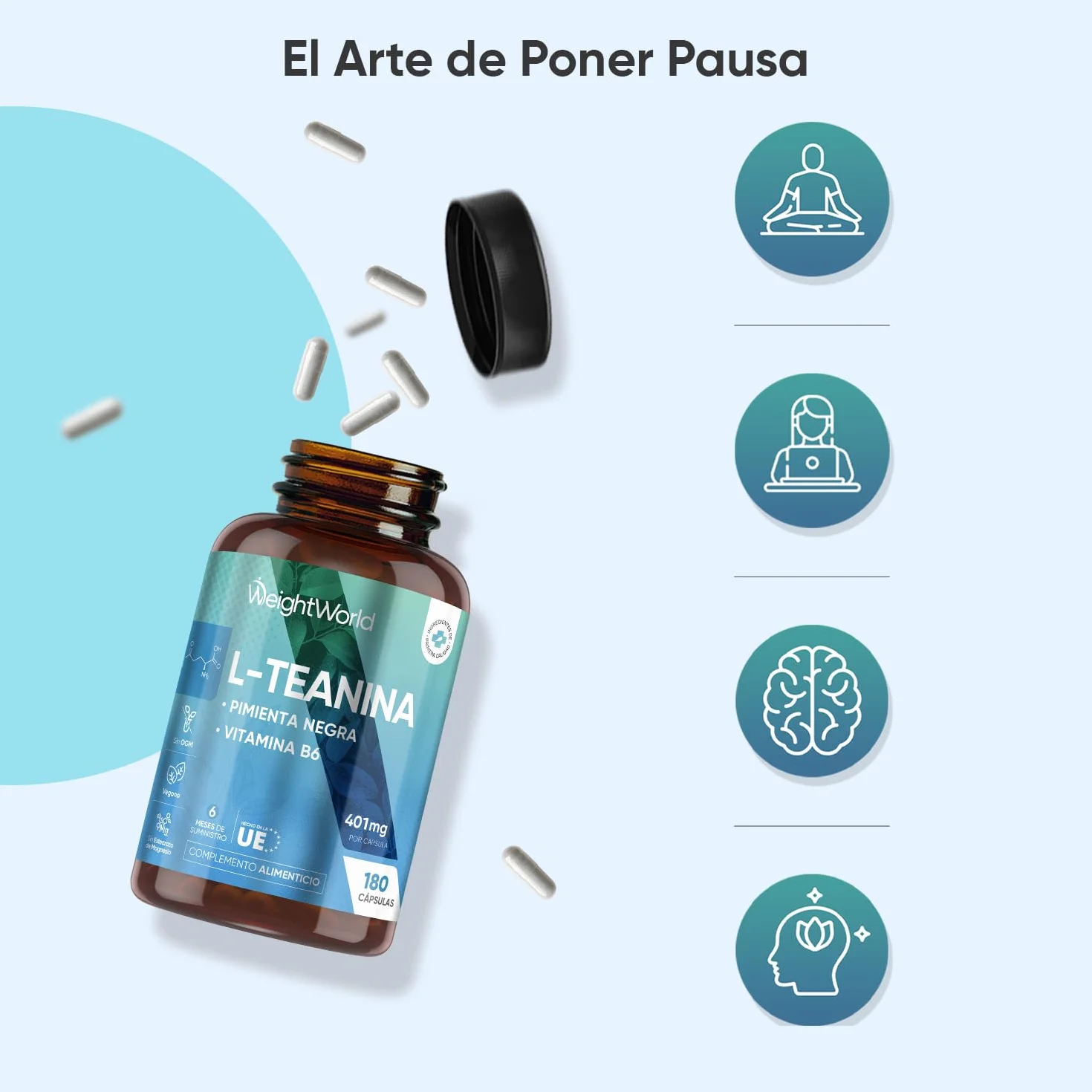 L Teanina 400mg con Vitamina B6 y Pimienta Negra - 180 Cápsulas Veganas de Té Verde y Negro